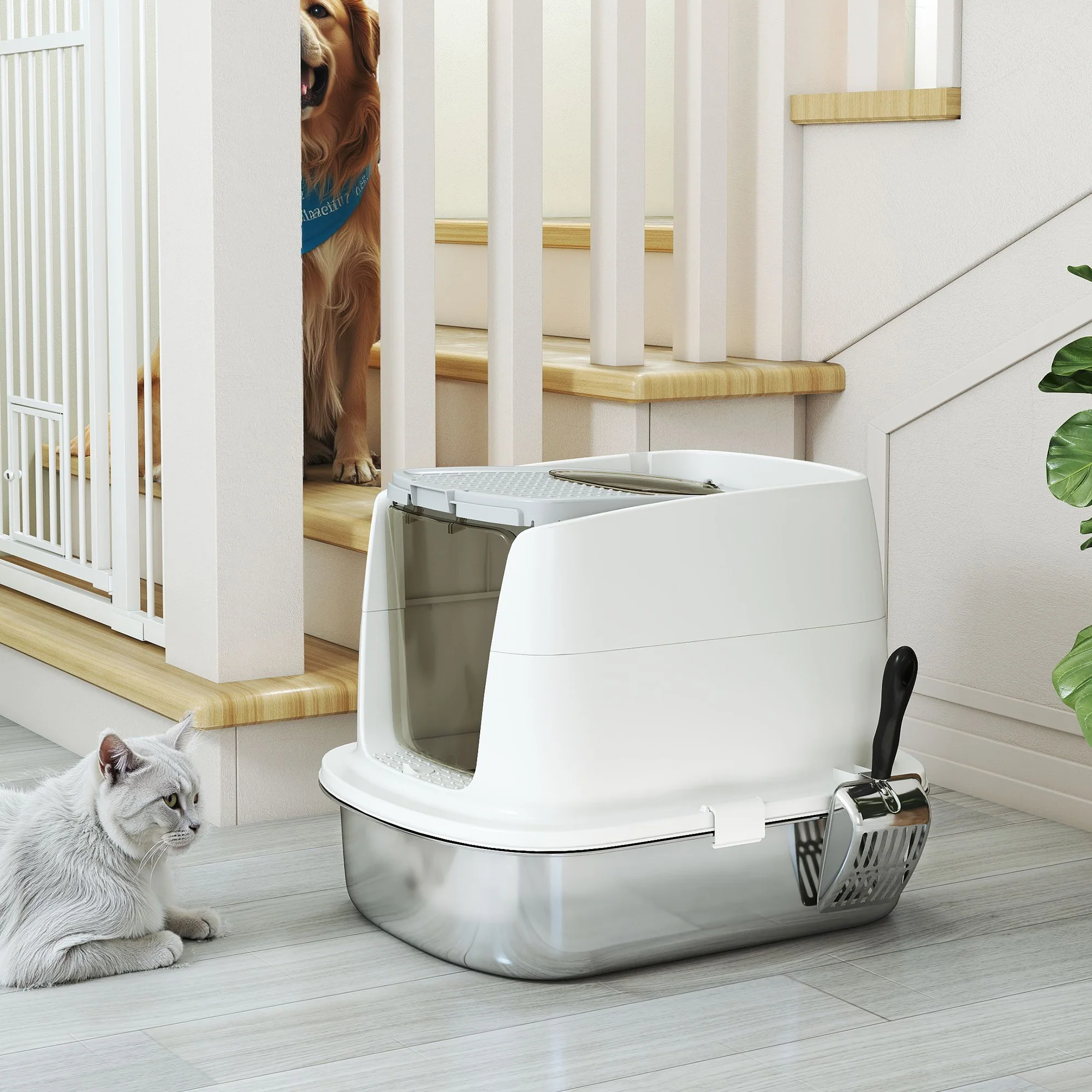 PawHut Stainless Steel Litter Box, Enclosed Metal Cat Litter Tray With Scoop - Image 9