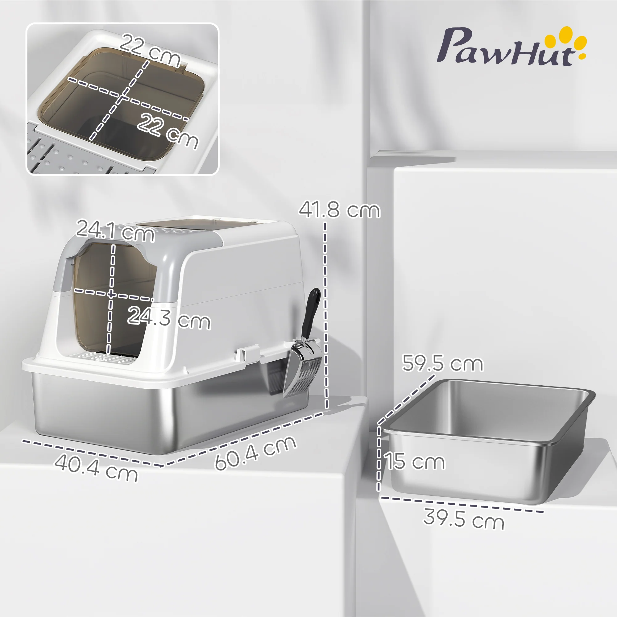 PawHut Stainless Steel Litter Box, Enclosed Metal Litter Tray With Scoop - Image 5