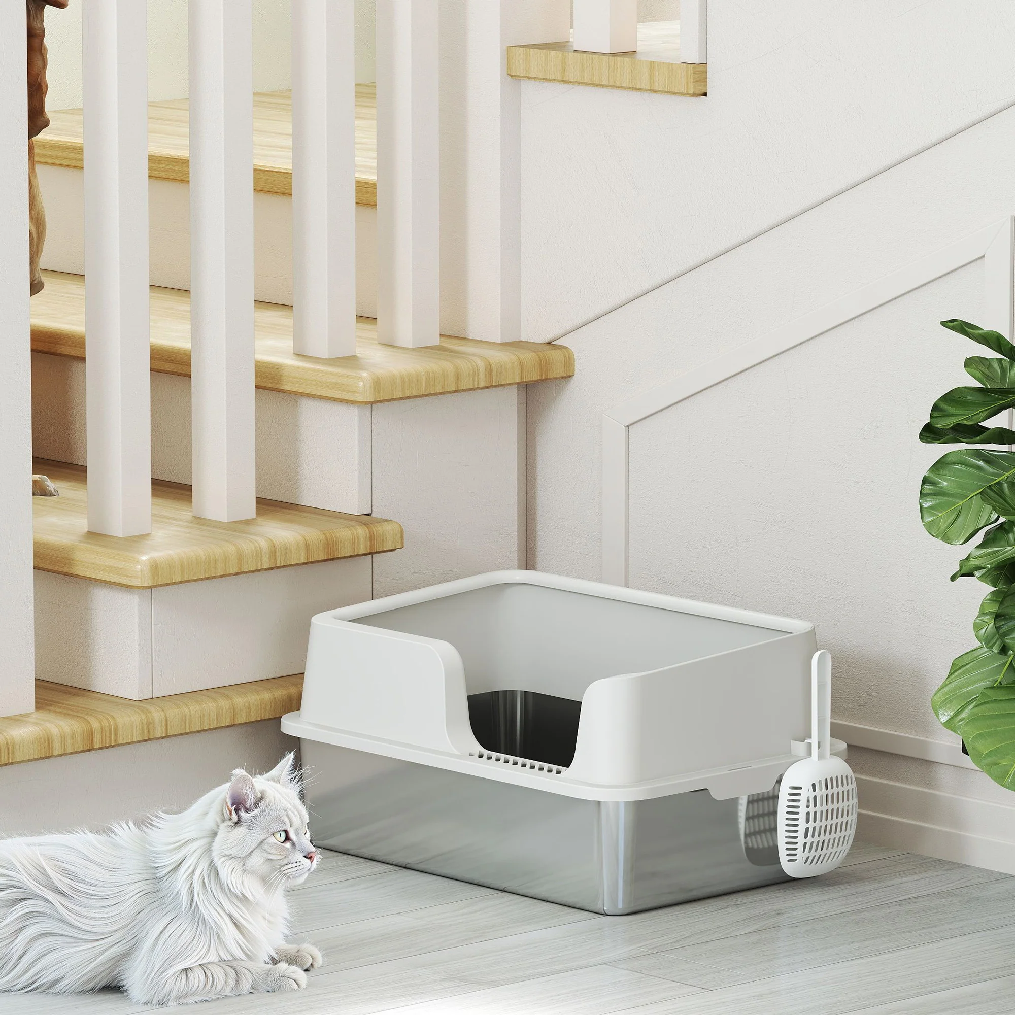 PawHut Stainless Steel Litter Box, High Sided Metal Cat Litter Tray w/ Scoop - Image 8
