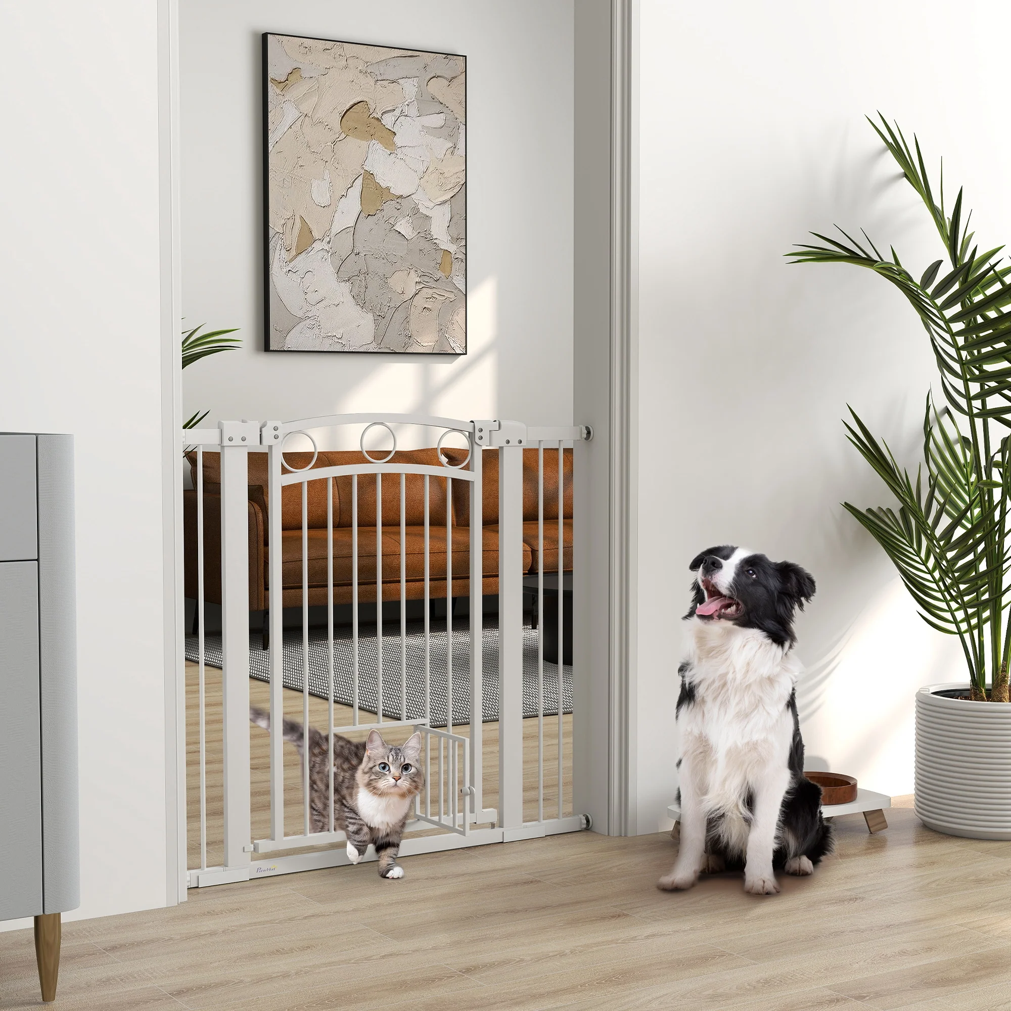 PawHut Stair Gate with Cat Door, Adjustable Width - White - Image 11