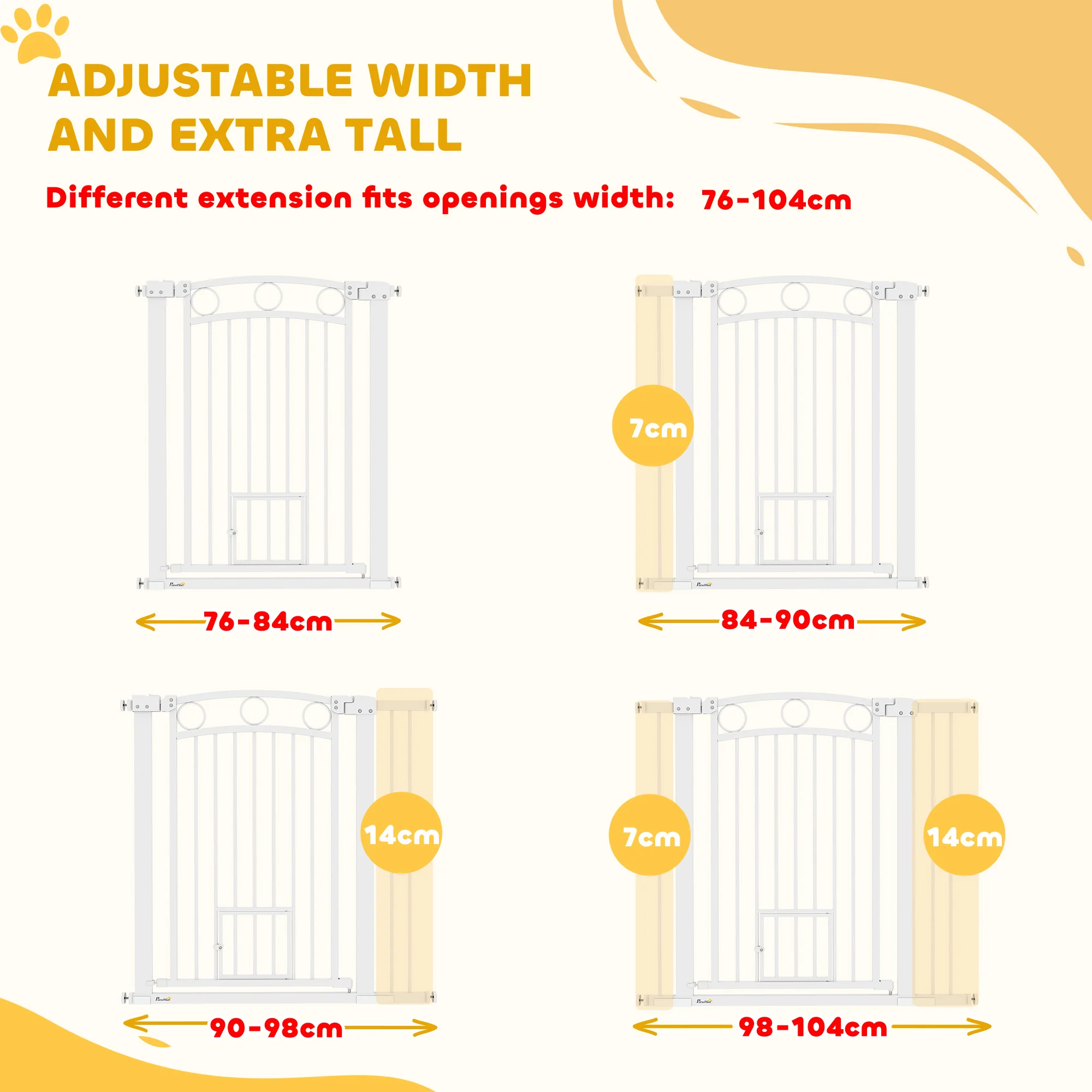 PawHut Stair Gate with Cat Door, Adjustable Width - White - Image 12