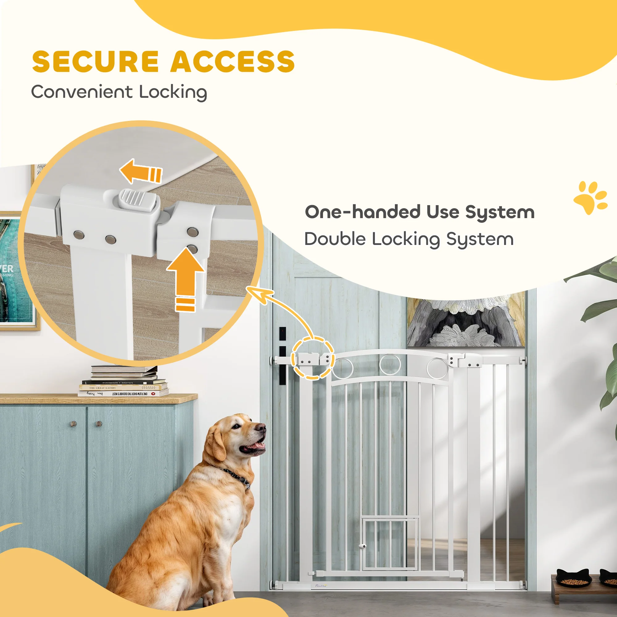 PawHut Stair Gate with Cat Door, Adjustable Width - White - Image 15