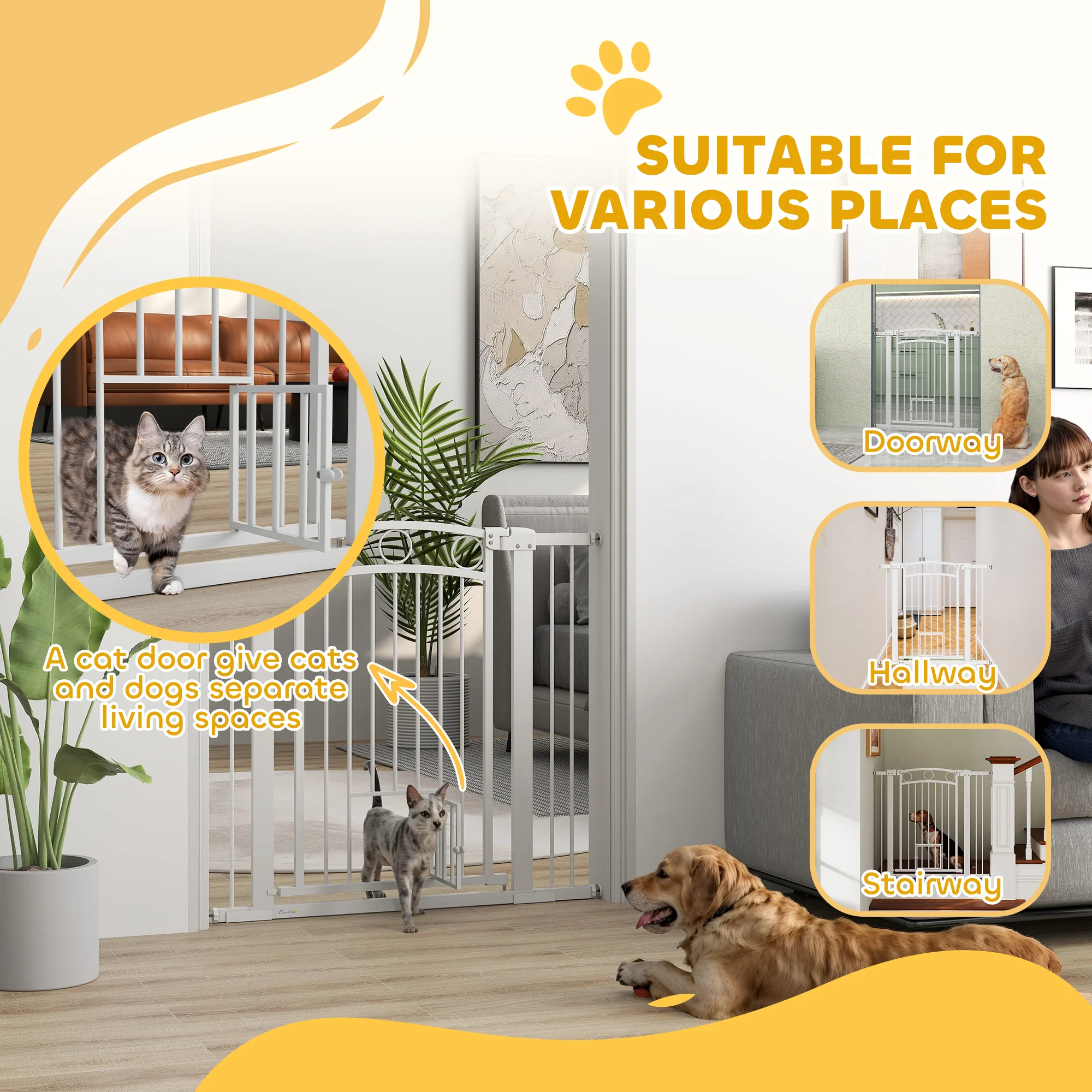PawHut Stair Gate with Cat Door, Adjustable Width - White - Image 16