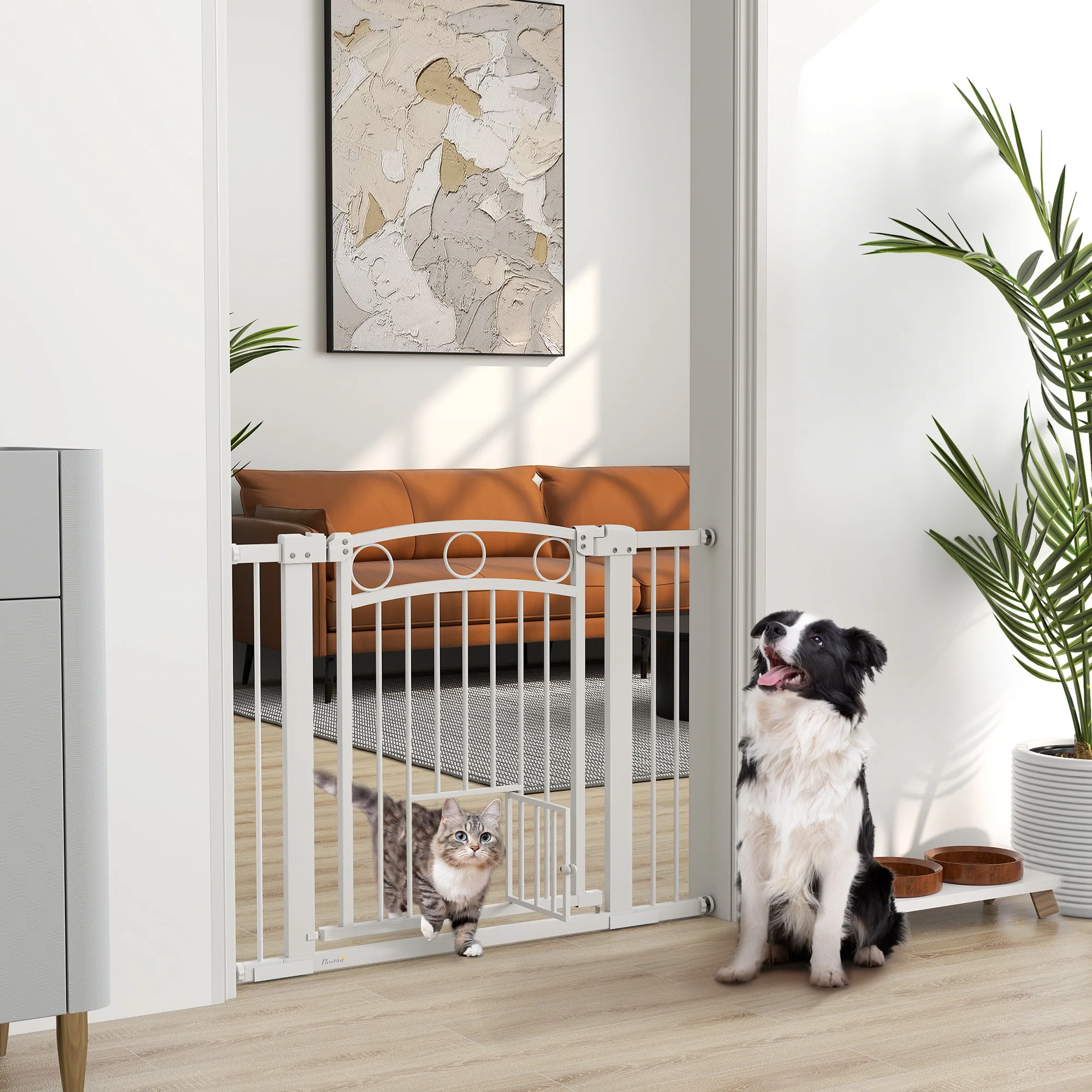 PawHut Stair Gate with Cat Door, Adjustable Width - White - Image 2