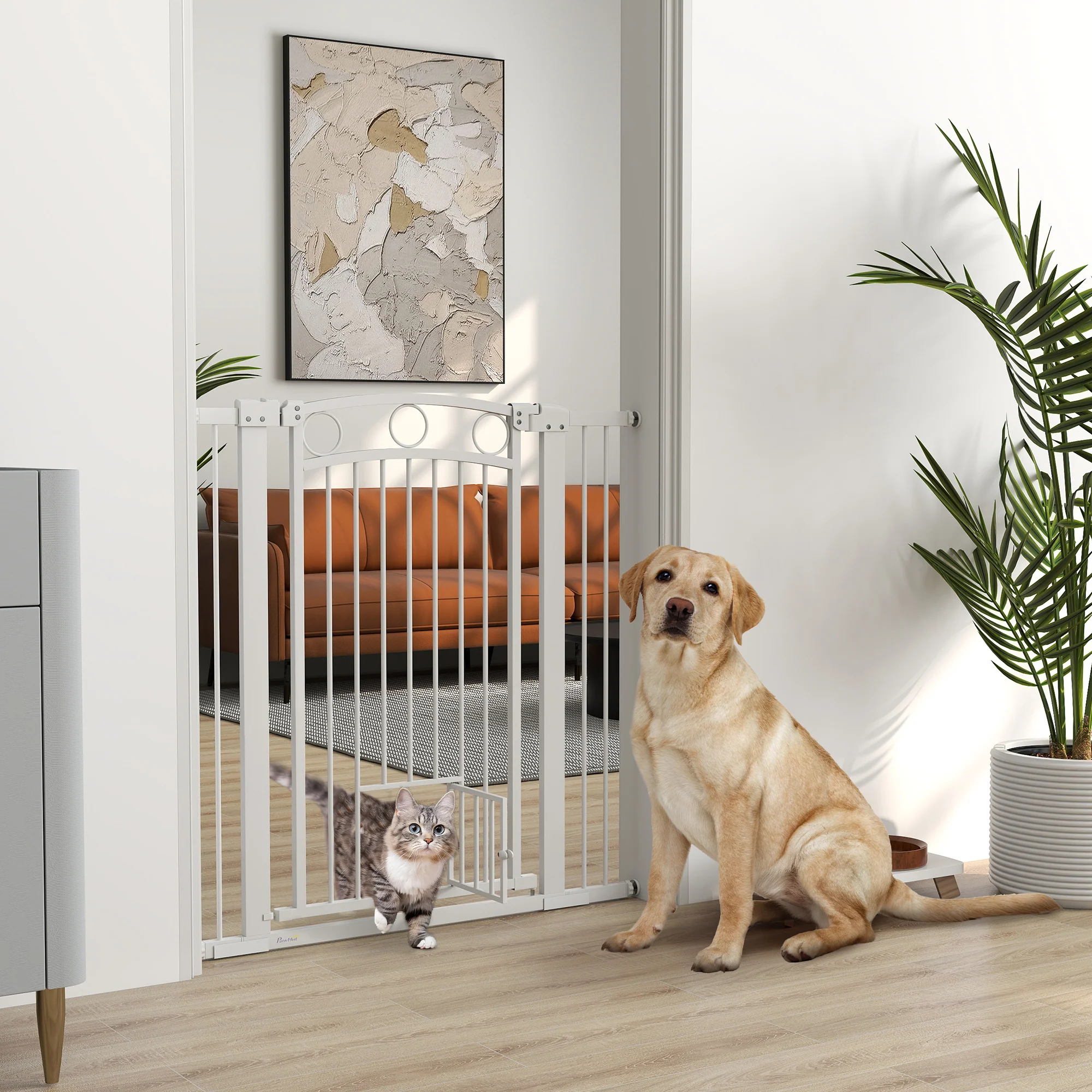 PawHut Stair Gate with Cat Door, Adjustable Width - White - Image 20