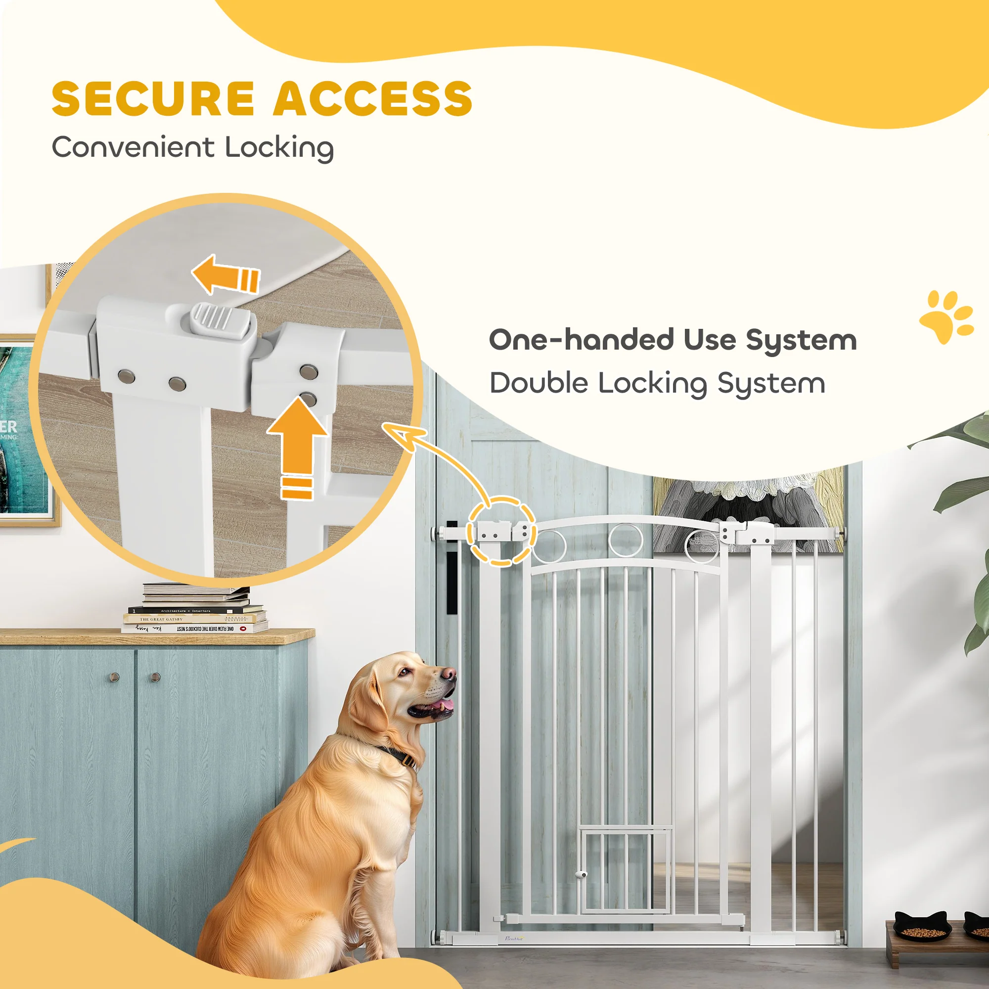PawHut Stair Gate with Cat Door, Adjustable Width - White - Image 24