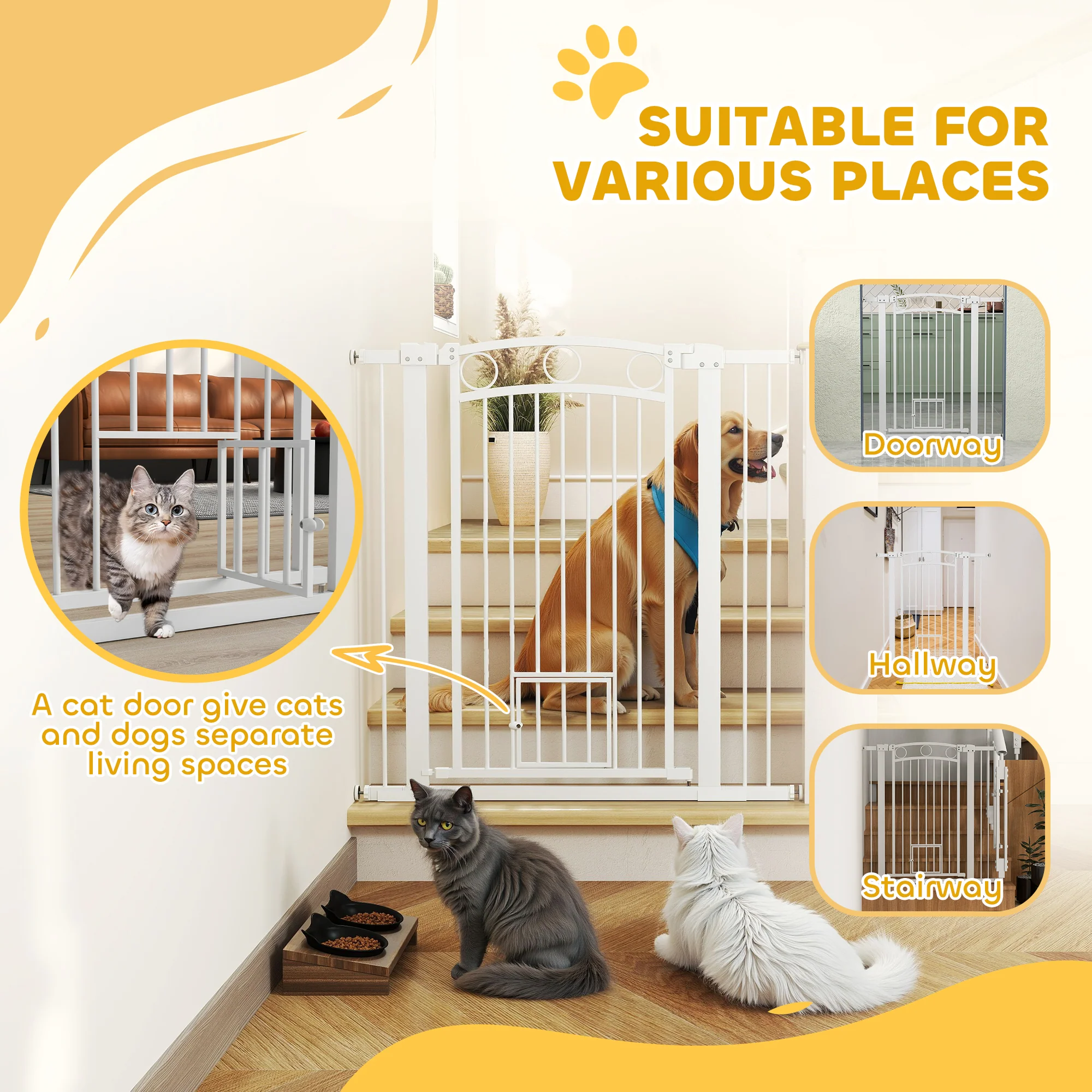 PawHut Stair Gate with Cat Door, Adjustable Width - White - Image 26