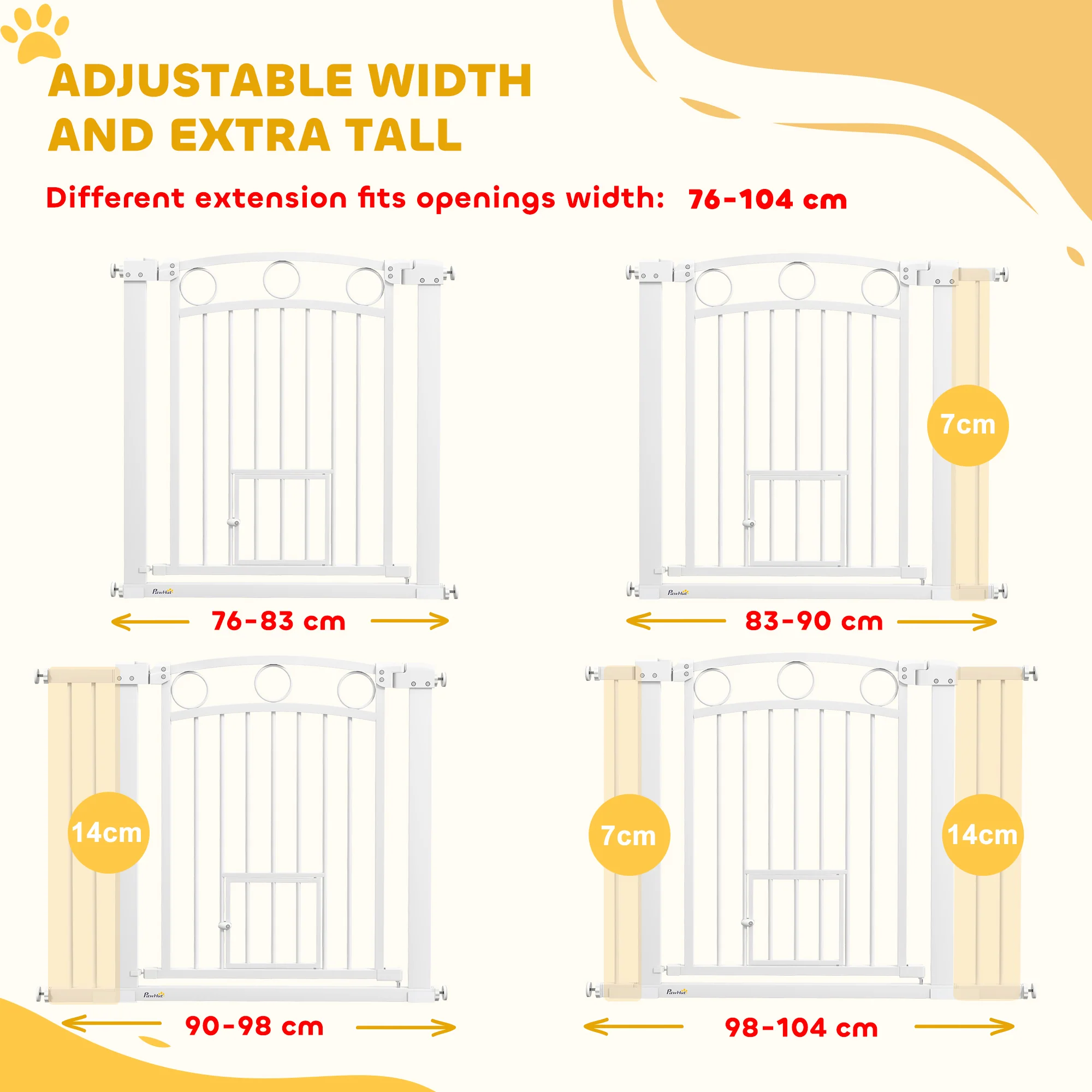 PawHut Stair Gate with Cat Door, Adjustable Width - White - Image 3