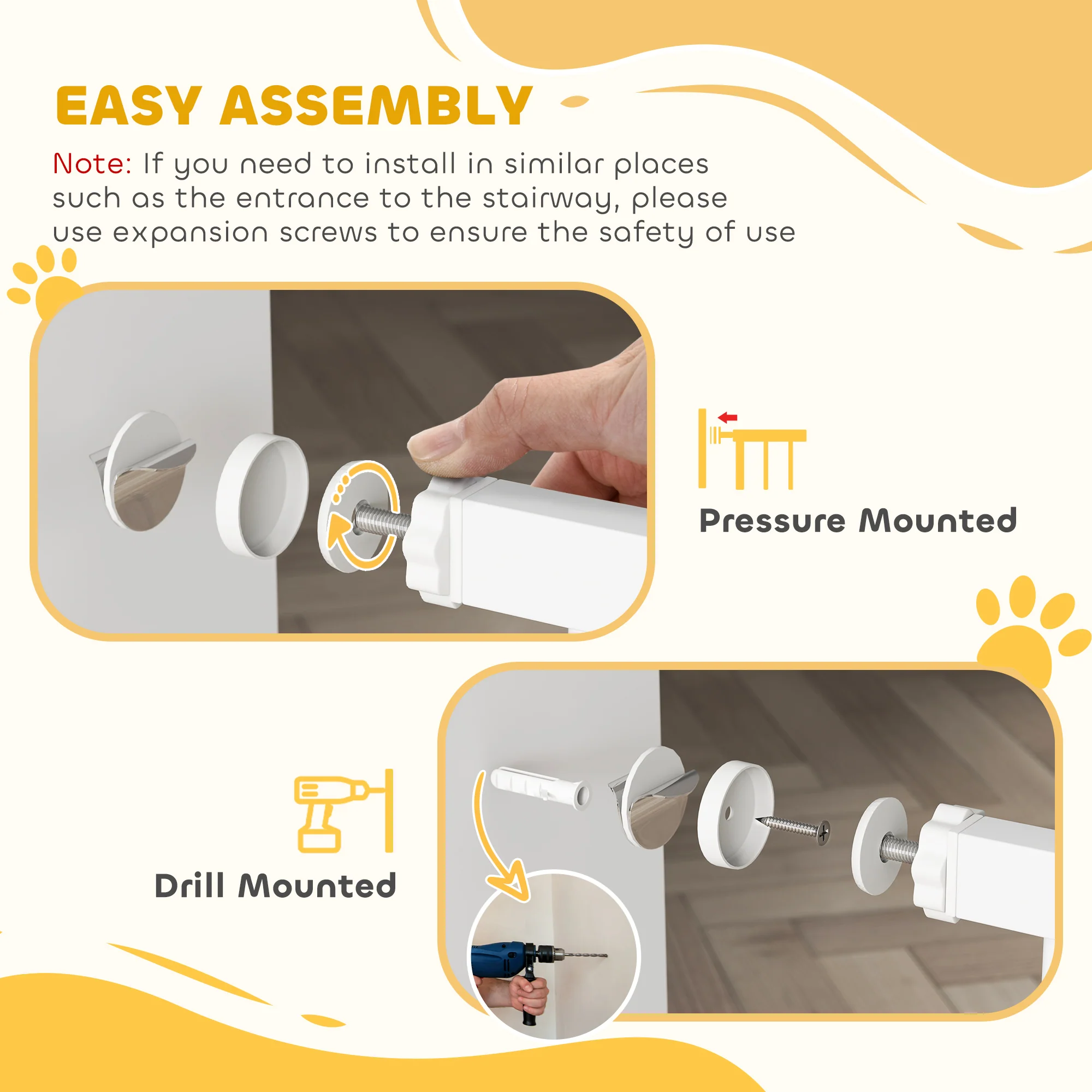PawHut Stair Gate with Cat Door, Adjustable Width - White - Image 4