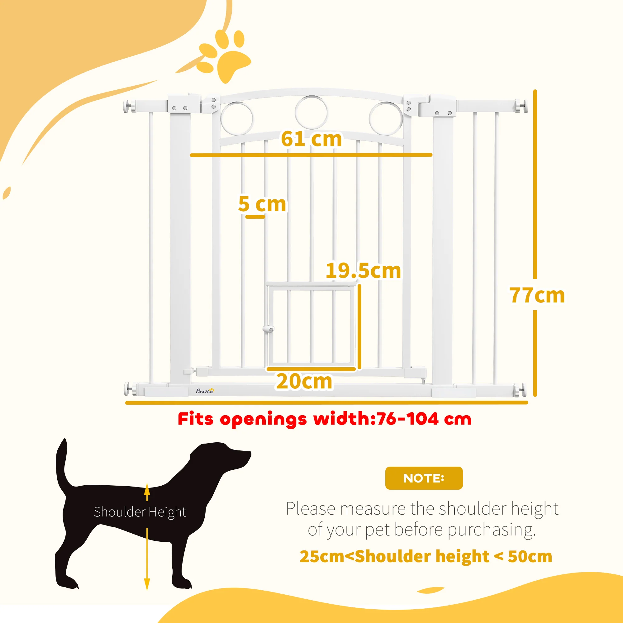 PawHut Stair Gate with Cat Door, Adjustable Width - White - Image 5
