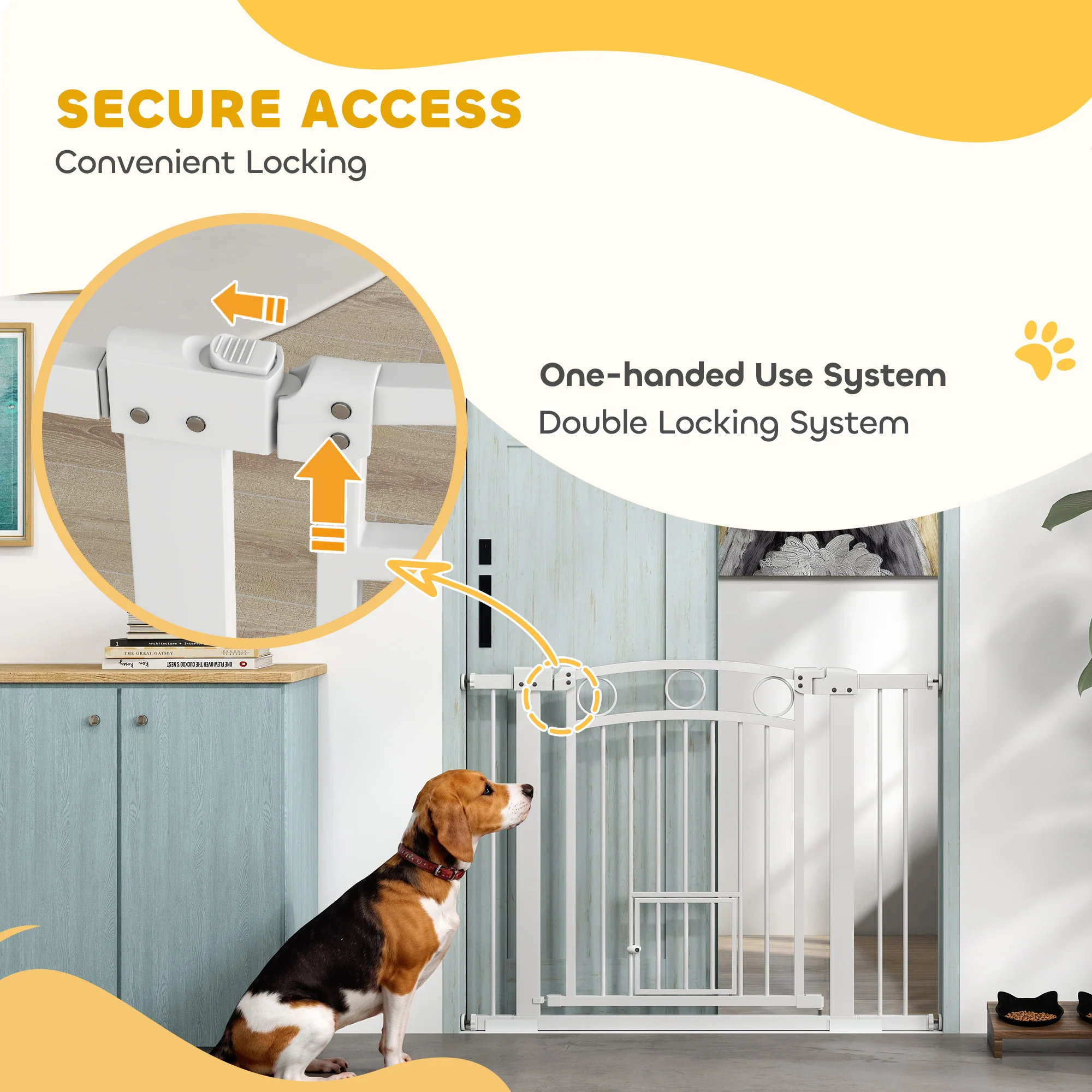 PawHut Stair Gate with Cat Door, Adjustable Width - White - Image 6