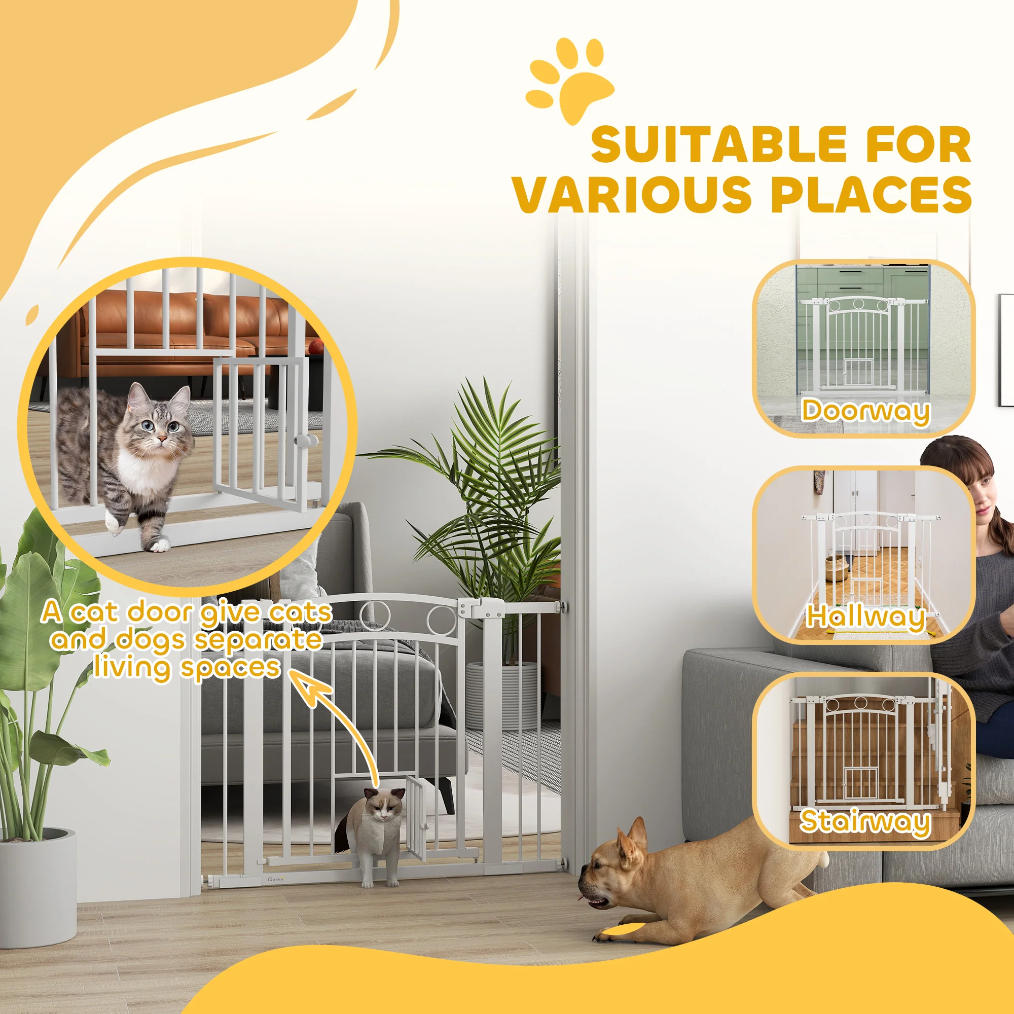 PawHut Stair Gate with Cat Door, Adjustable Width - White - Image 8