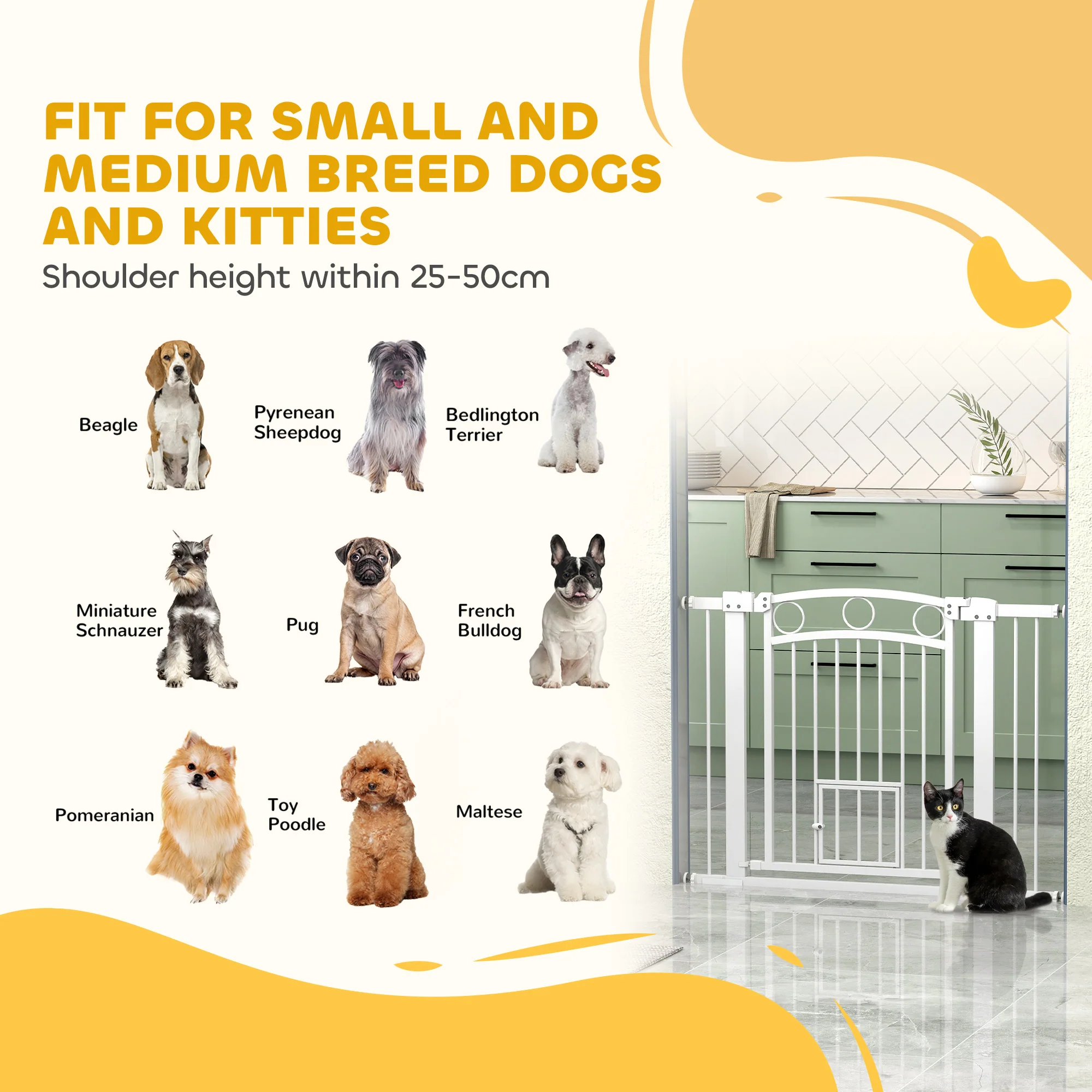 PawHut Stair Gate with Cat Door, Adjustable Width - White - Image 9