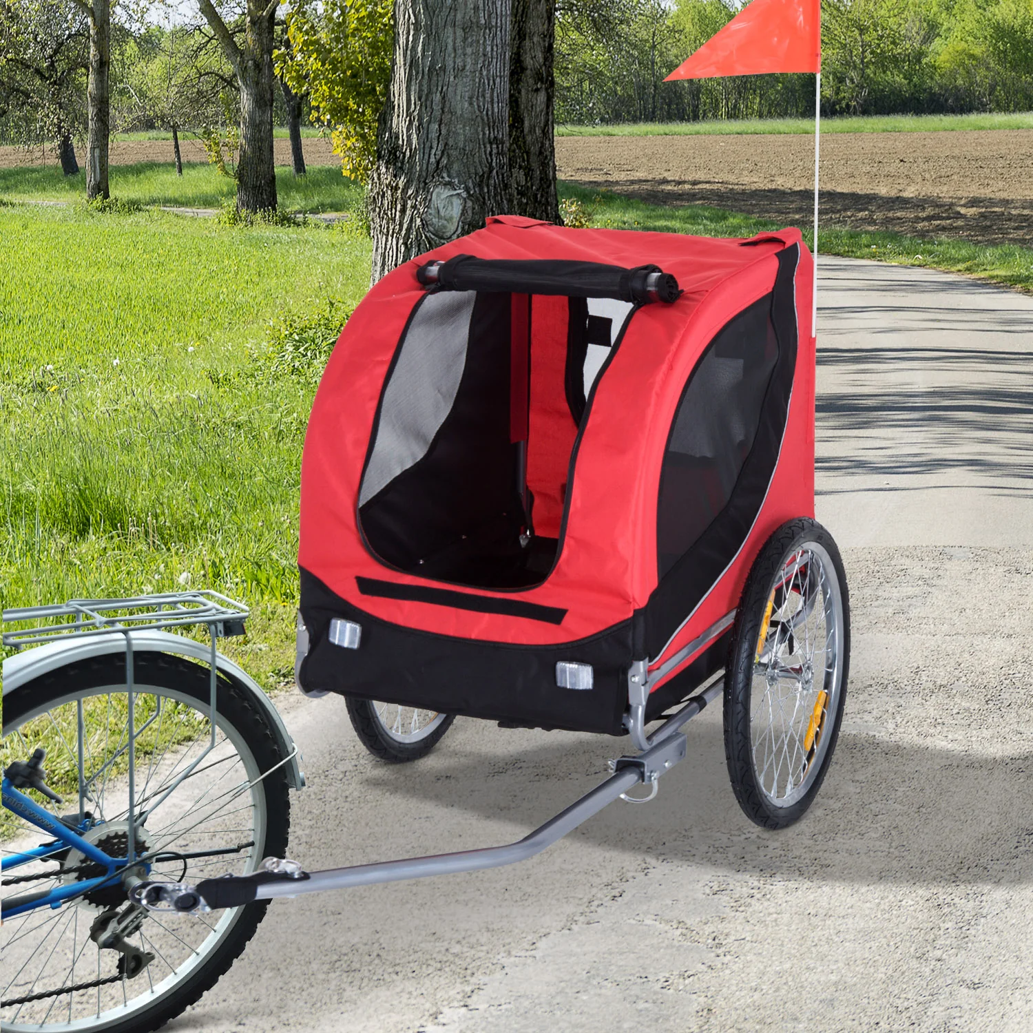 PawHut Steel Dog Bike Trailer Pet Cart Carrier for Bicycle Jogger Kit Water Resistant Travel Black and Red - Image 2