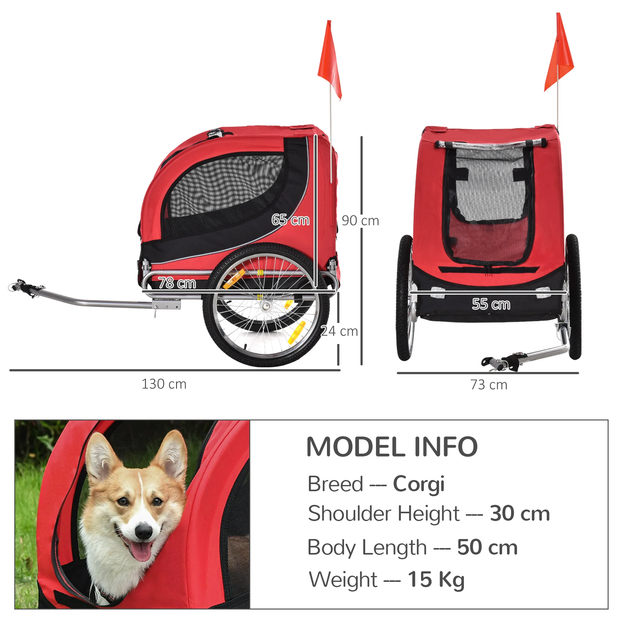 PawHut Steel Dog Bike Trailer Pet Cart Carrier for Bicycle Jogger Kit Water Resistant Travel Black and Red - Image 5