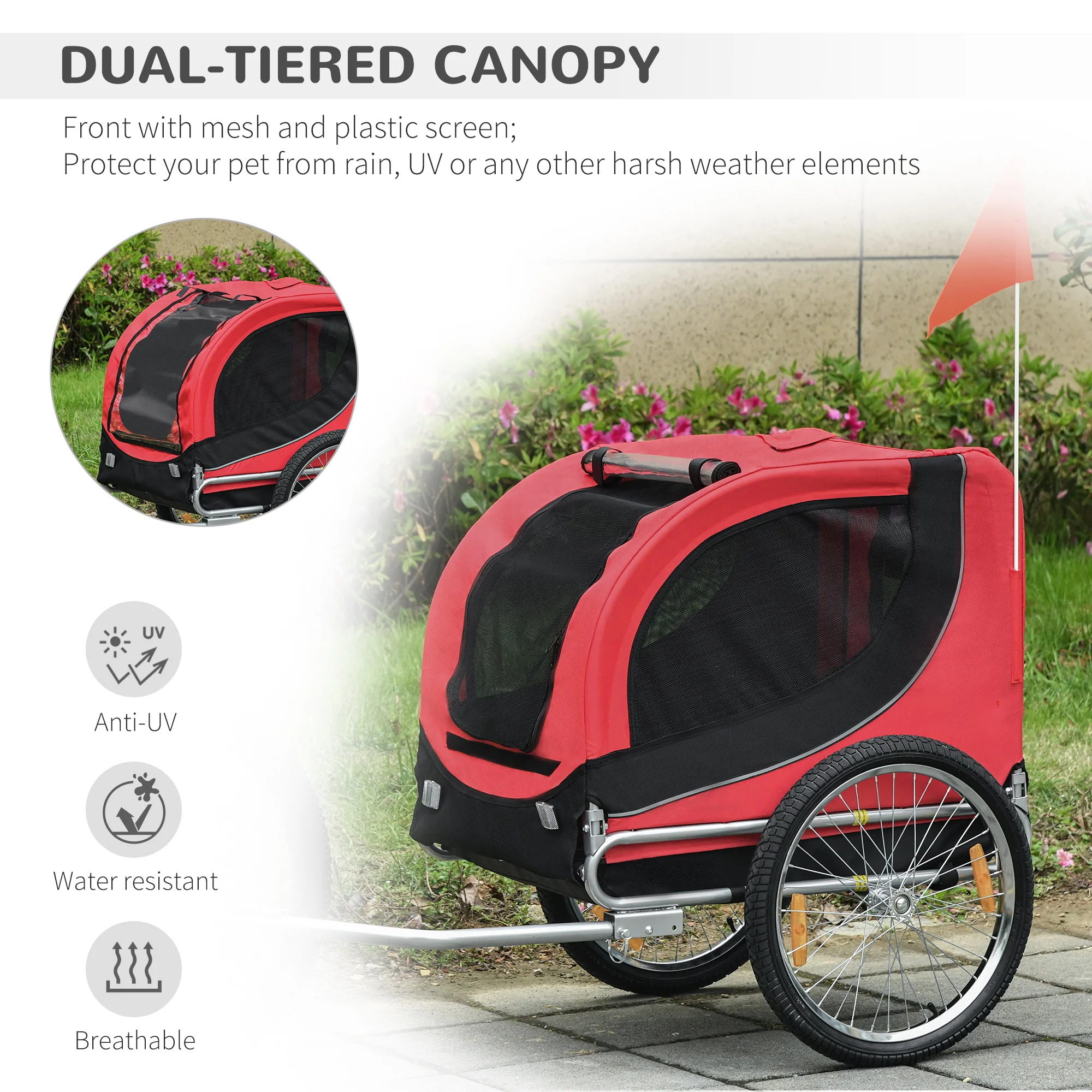 PawHut Steel Dog Bike Trailer Pet Cart Carrier for Bicycle Jogger Kit Water Resistant Travel Black and Red - Image 7