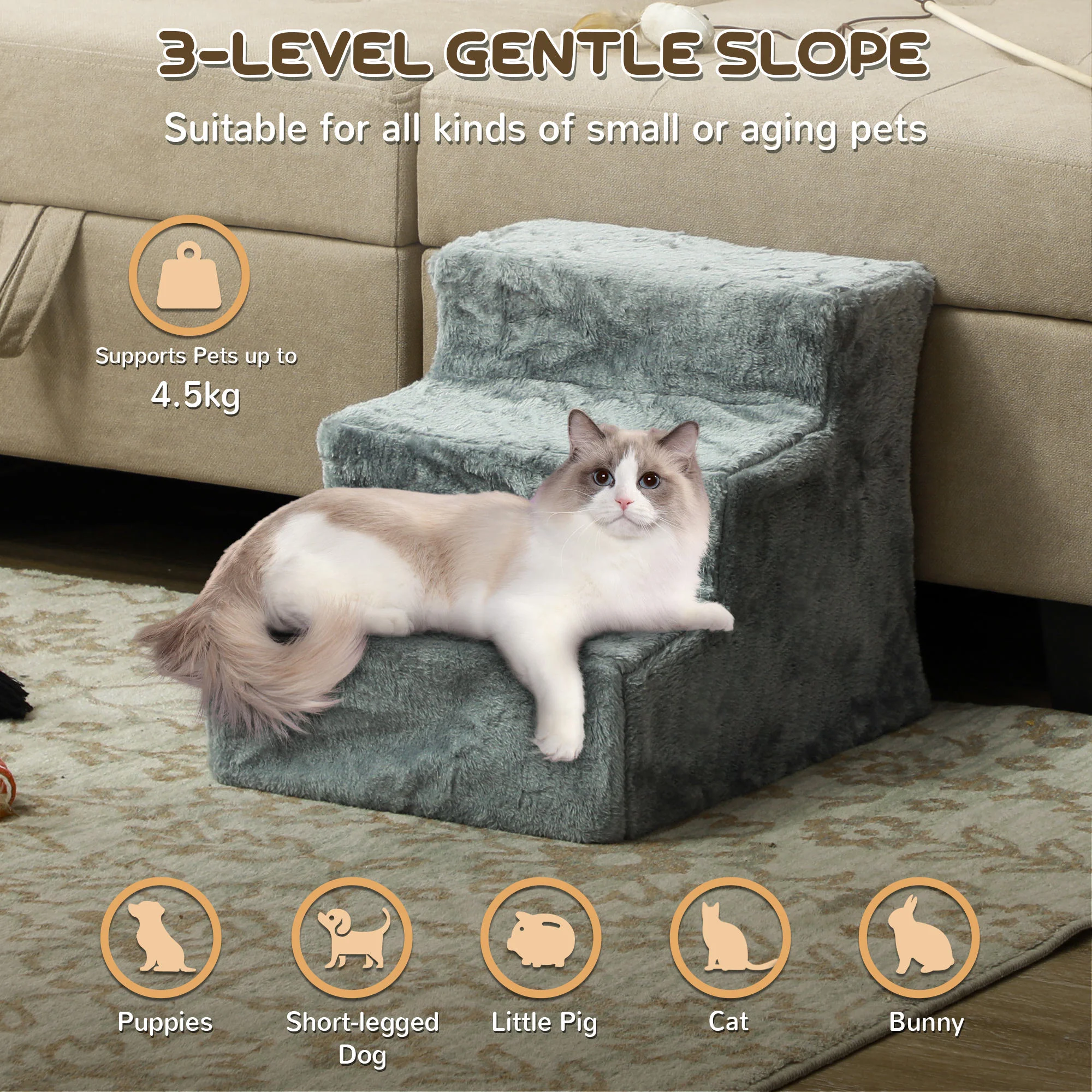 PawHut Three-Step Portable Dog Stairs With Washable Plush Cover, For Small Pets - Image 12