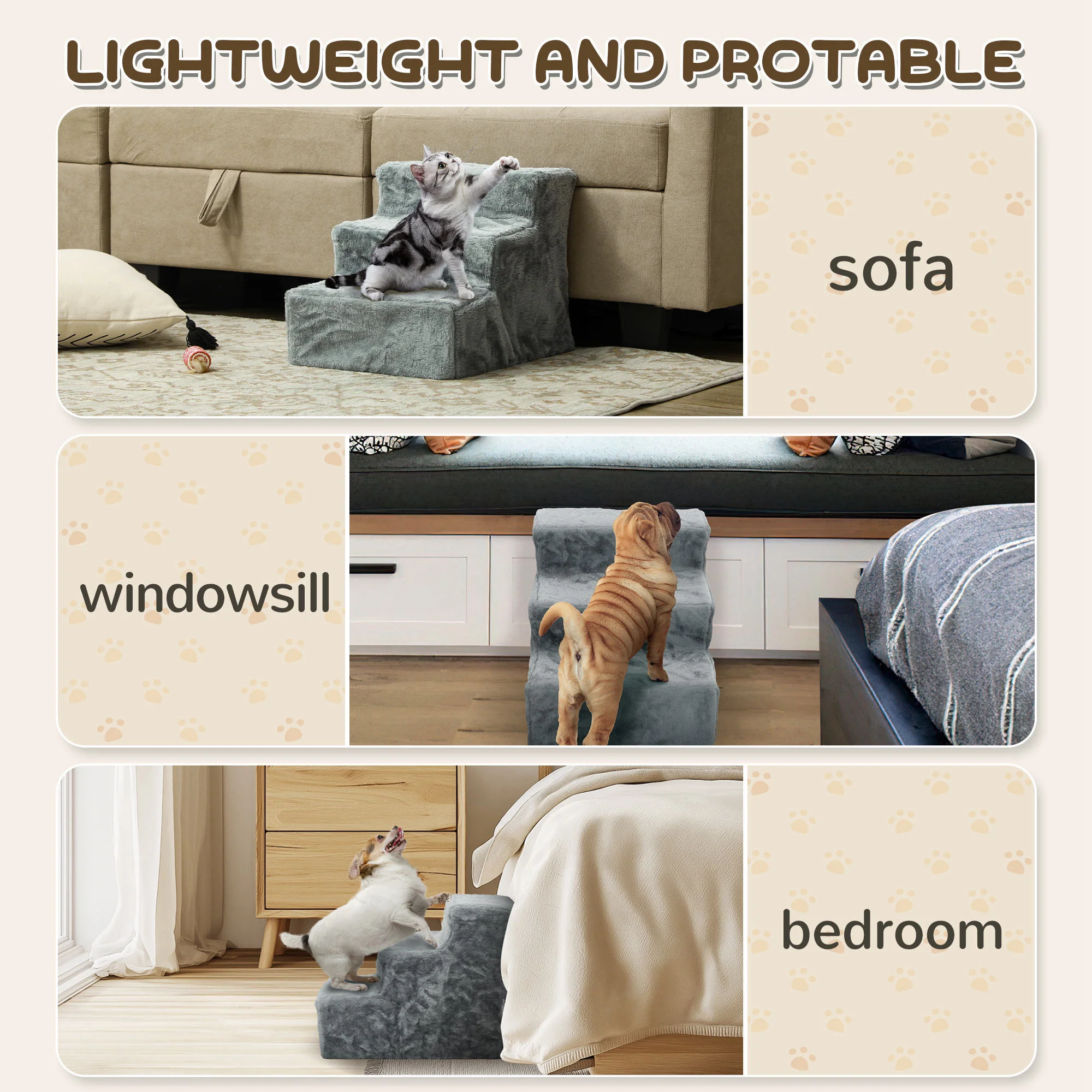 PawHut Three-Step Portable Dog Stairs With Washable Plush Cover, For Small Pets - Image 16