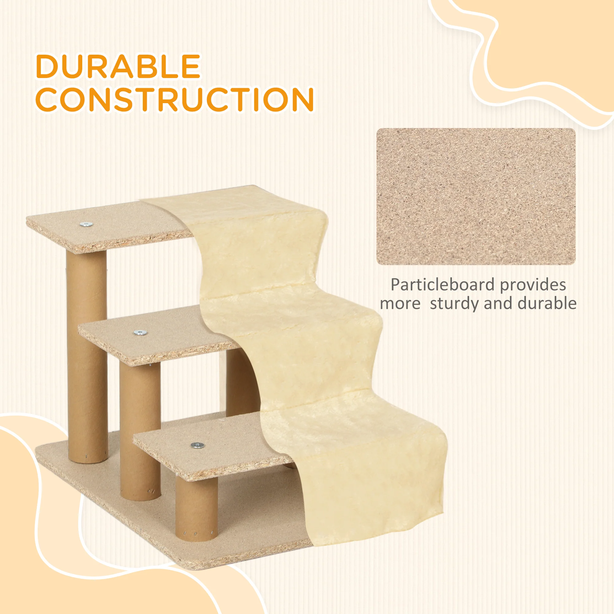 PawHut Three-Step Portable Dog Stairs With Washable Plush Cover, For Small Pets - Image 6