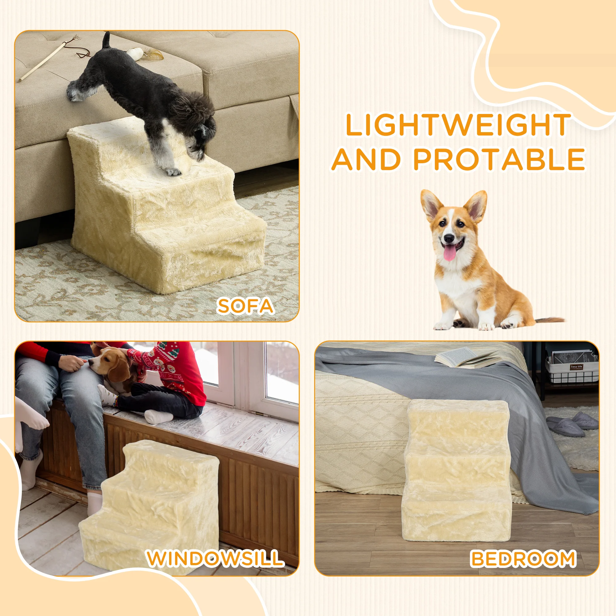 PawHut Three-Step Portable Dog Stairs With Washable Plush Cover, For Small Pets - Image 7