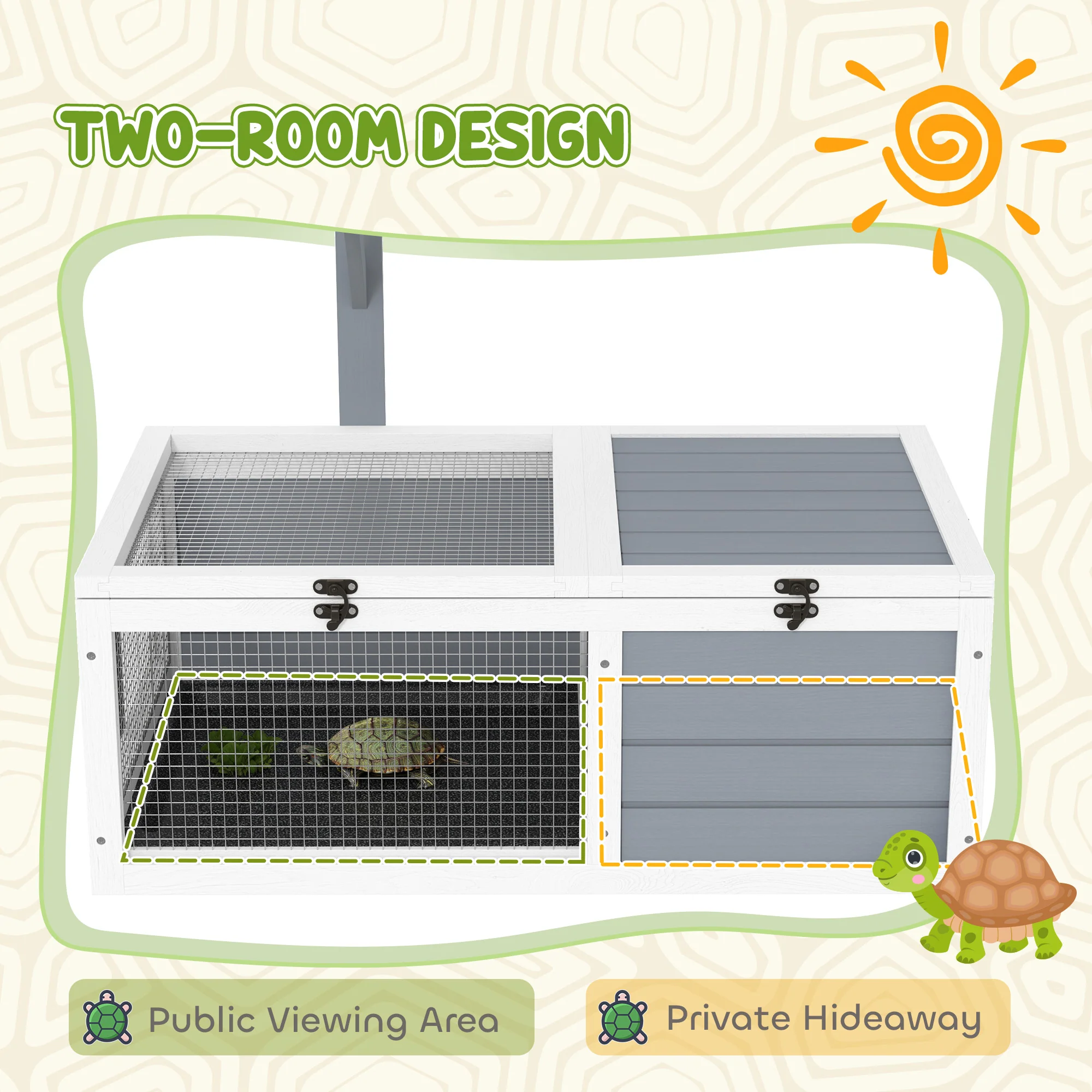 PawHut Tortoise Enclosure w/ Run, Lamp Holder, Pull Out Trays, Hideaway - Image 3