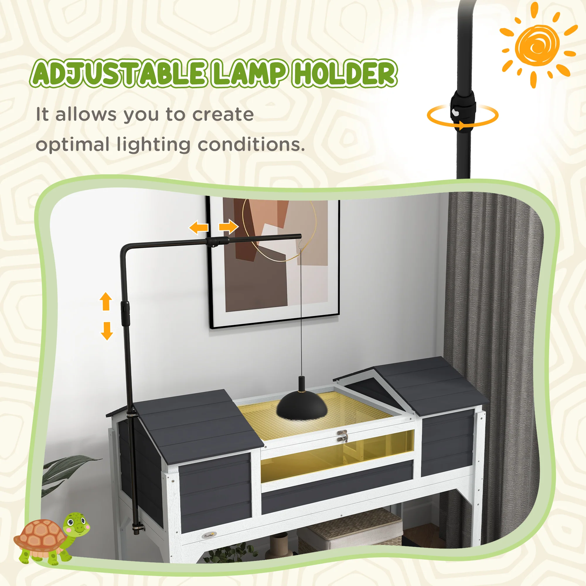 PawHut Tortoise House w/ Adjustable Lamp Holder, Openable Lid, Dual Main Houses - Image 4