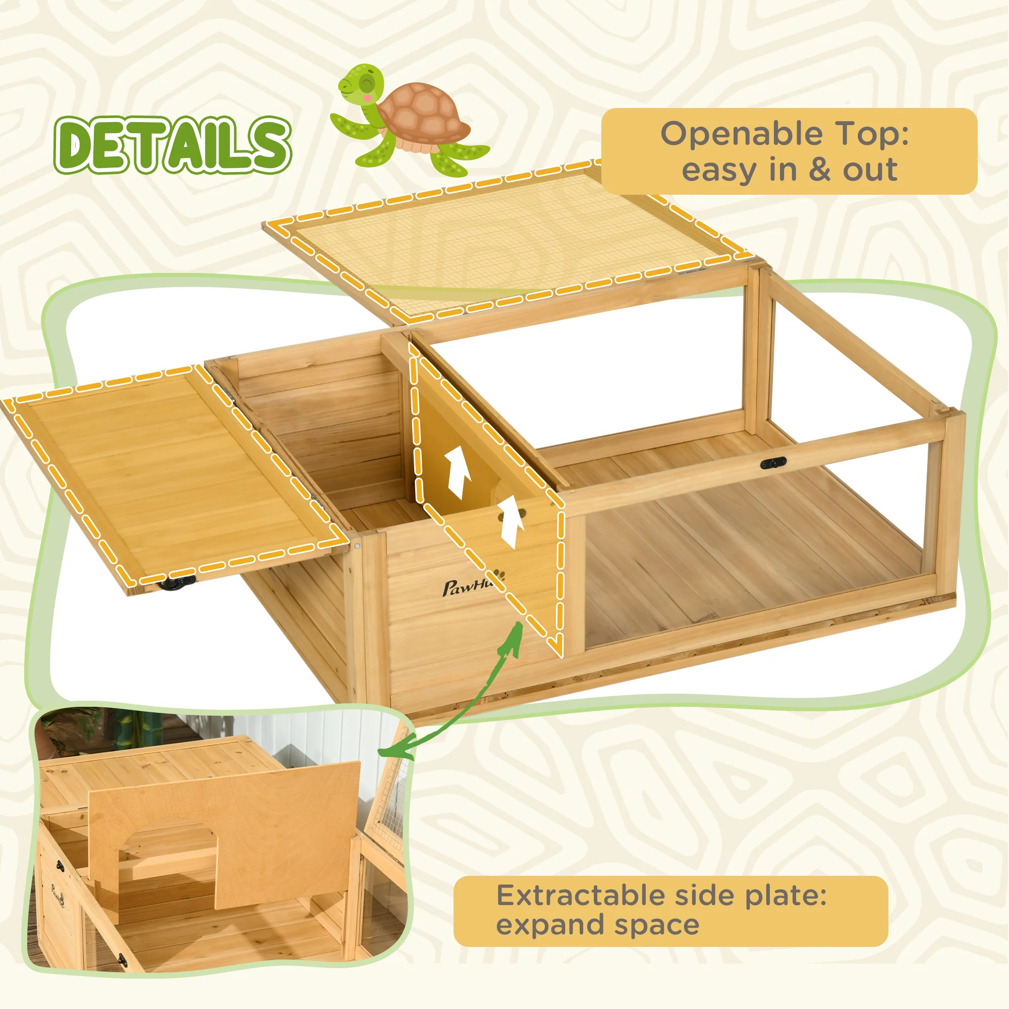 PawHut Tortoise House W/ Mesh Roof, Small Pet Reptile Wooden House - Yellow - Image 4