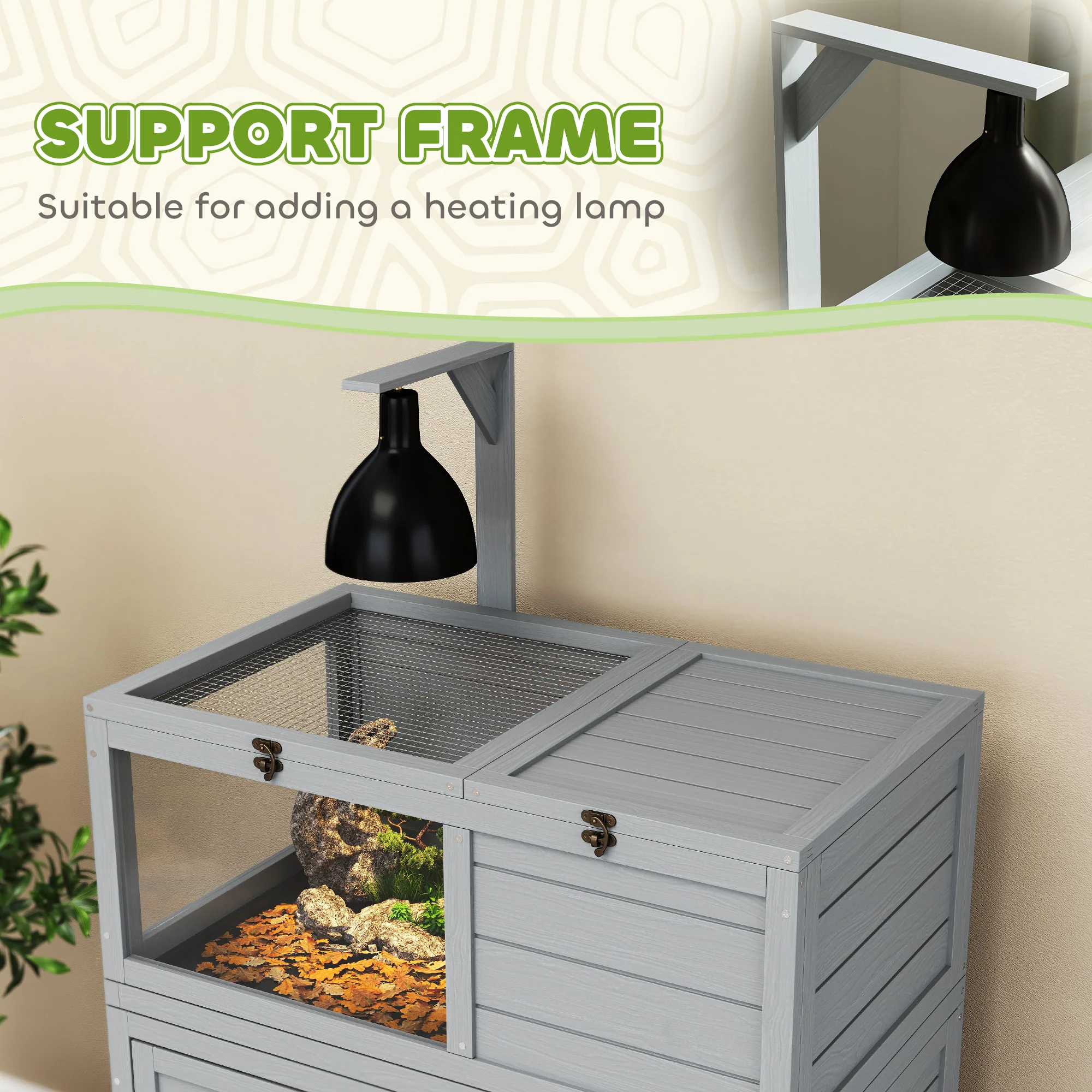 PawHut Tortoise House with Storage Cabinet, Lamp Holder, Openable Top - Image 7