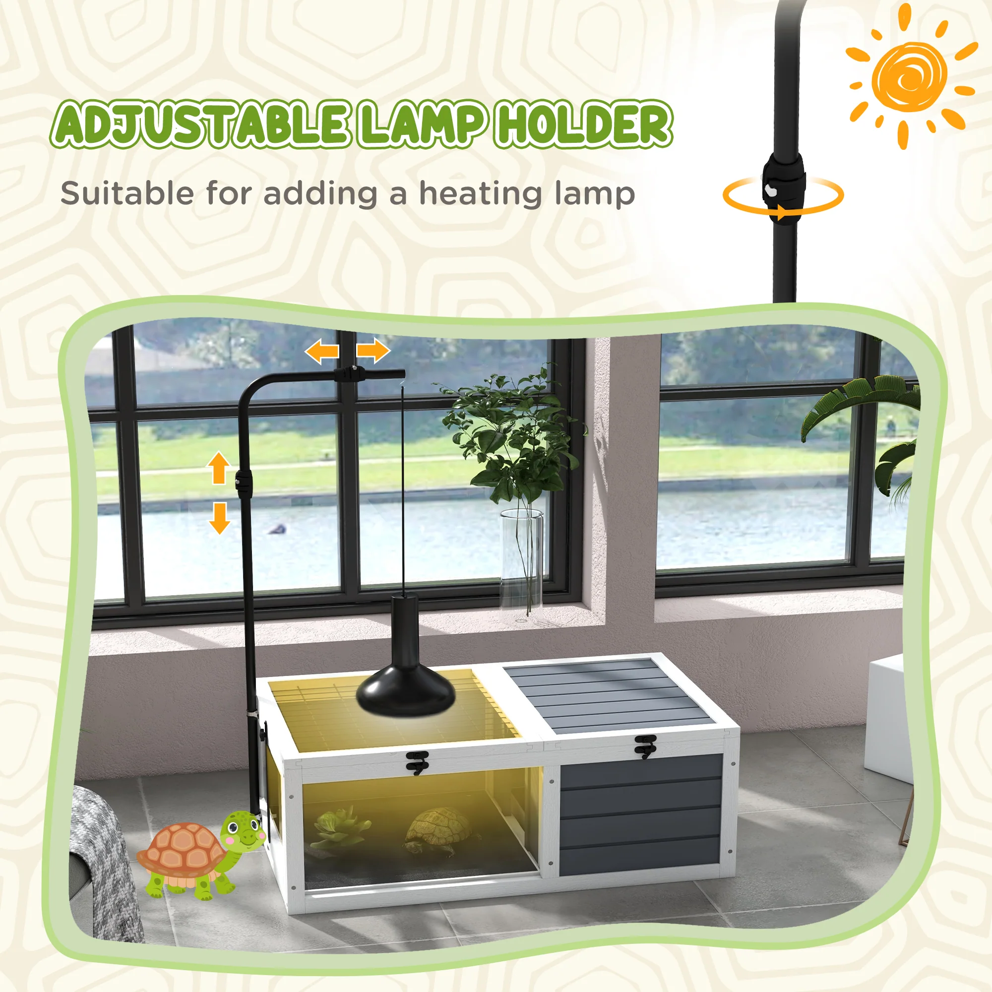 PawHut Tortoise House, Wooden Tortoise Table w/ Adjustable Lamp Holder - Grey - Image 4