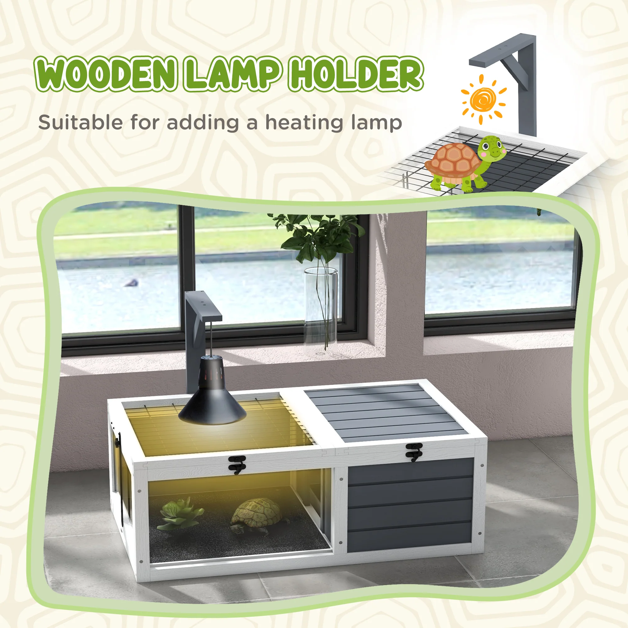 PawHut Tortoise House, Wooden Tortoise Table W/ Wooden Lamp Holder - Grey - Image 4