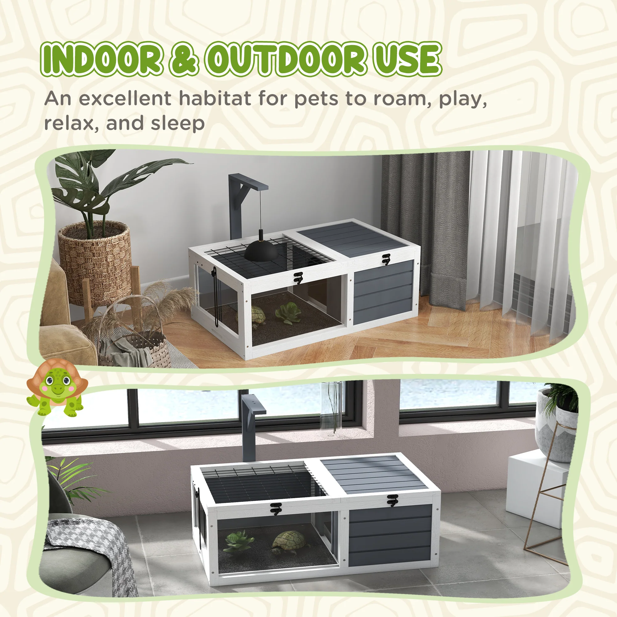 PawHut Tortoise House, Wooden Tortoise Table W/ Wooden Lamp Holder - Grey - Image 8