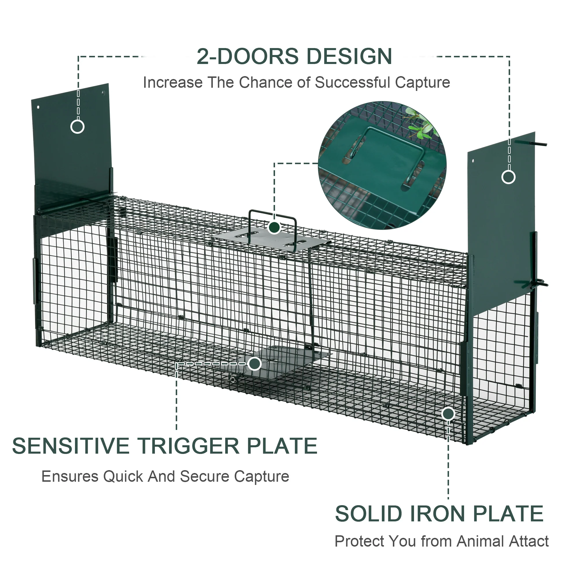 PawHut Two-Door Live Cage, Trap for Small Animal, Easy Setup - Dark Green - Image 3
