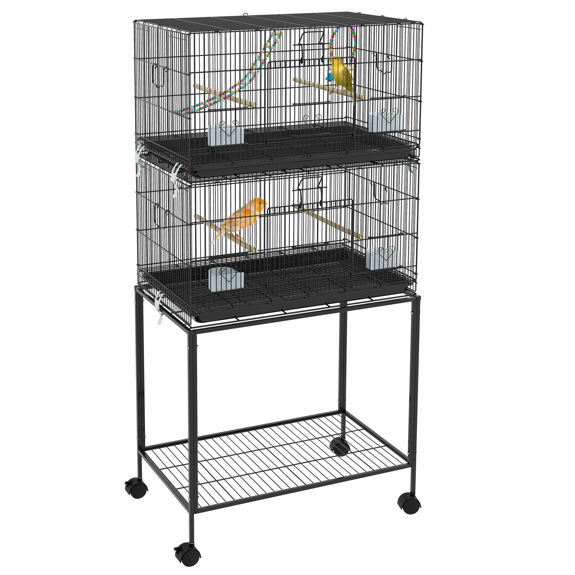 PawHut Two-Tier Bird Cage On Wheels W/ Stand, For Canaries