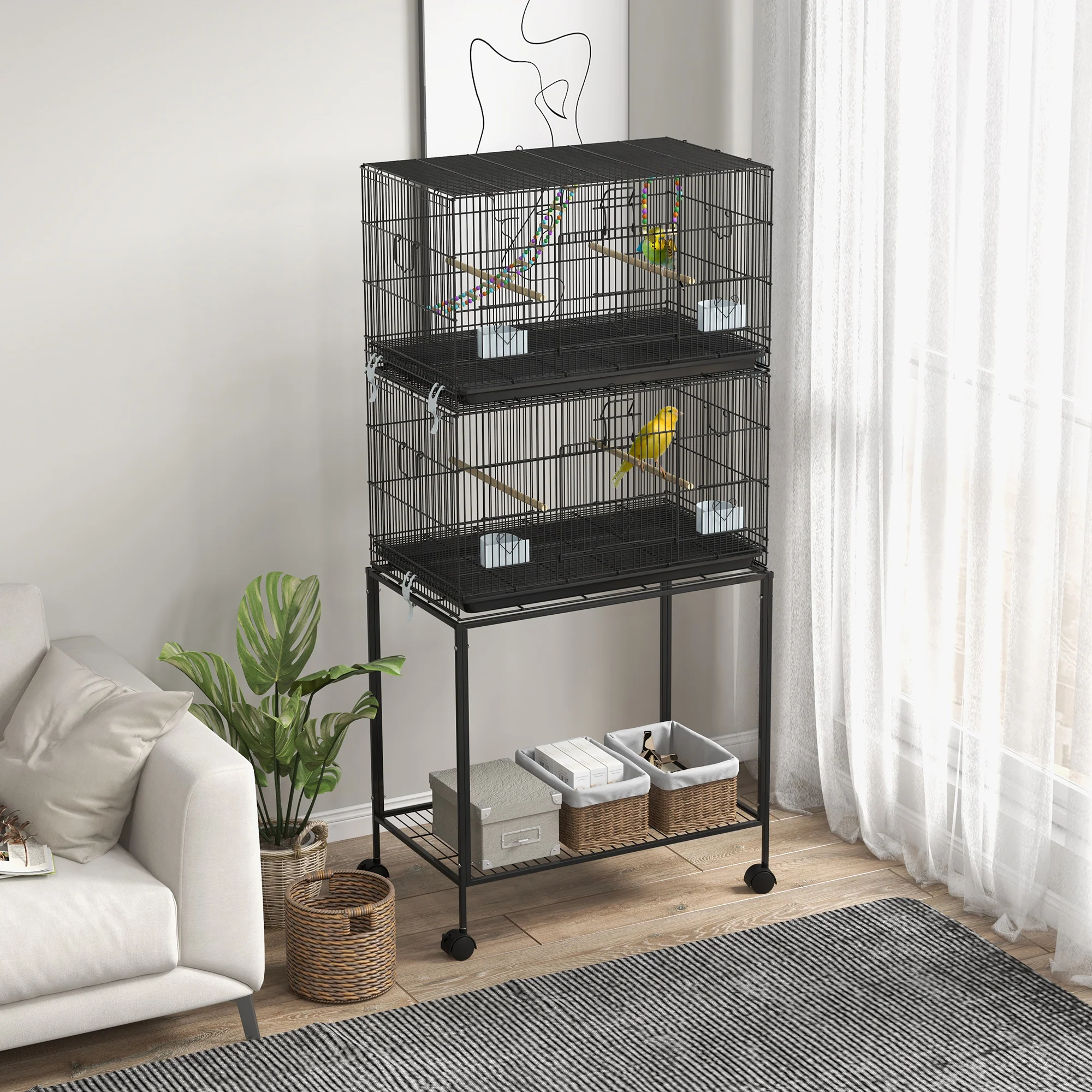 PawHut Two-Tier Bird Cage On Wheels W/ Stand, For Canaries - Image 2