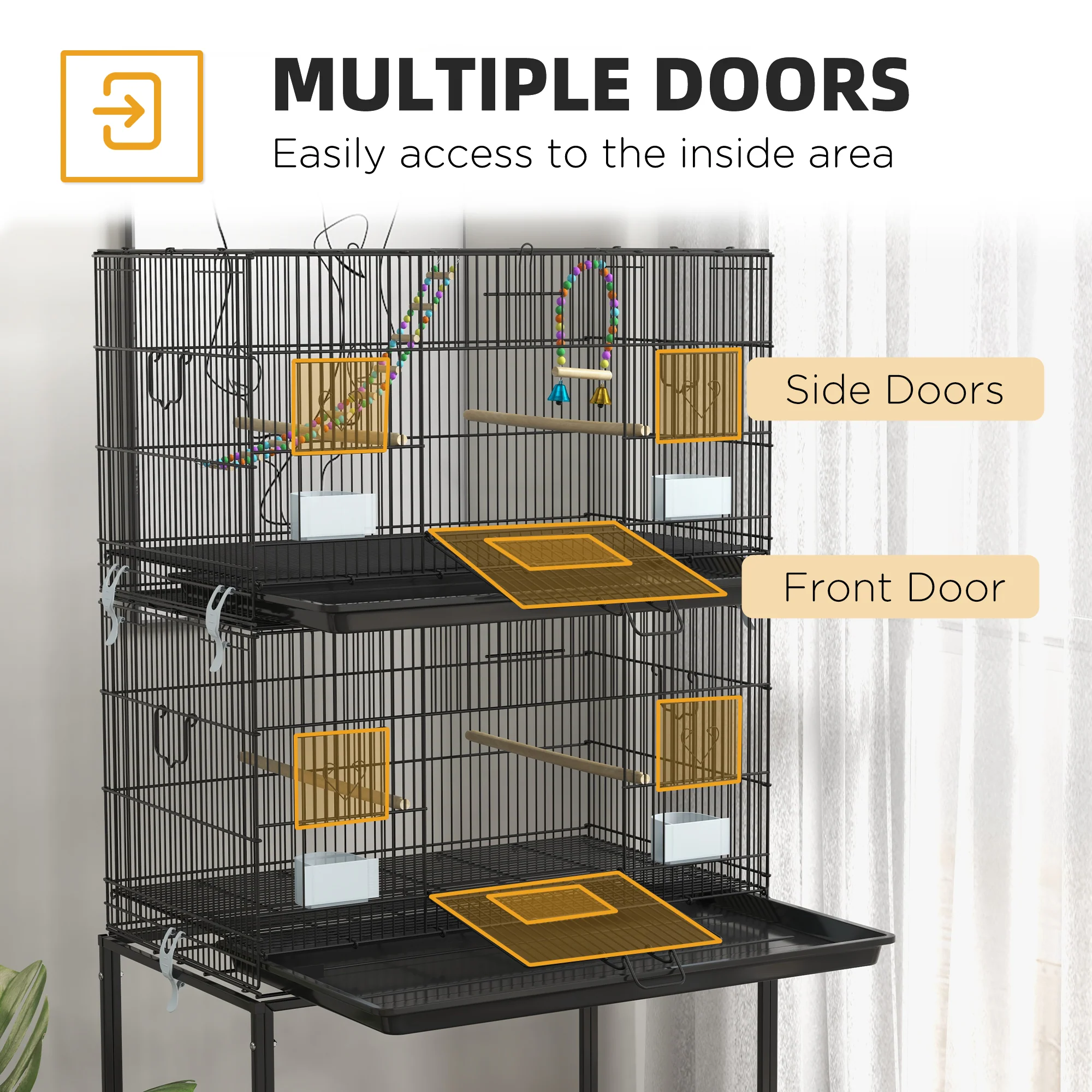 PawHut Two-Tier Bird Cage On Wheels W/ Stand, For Canaries - Image 4
