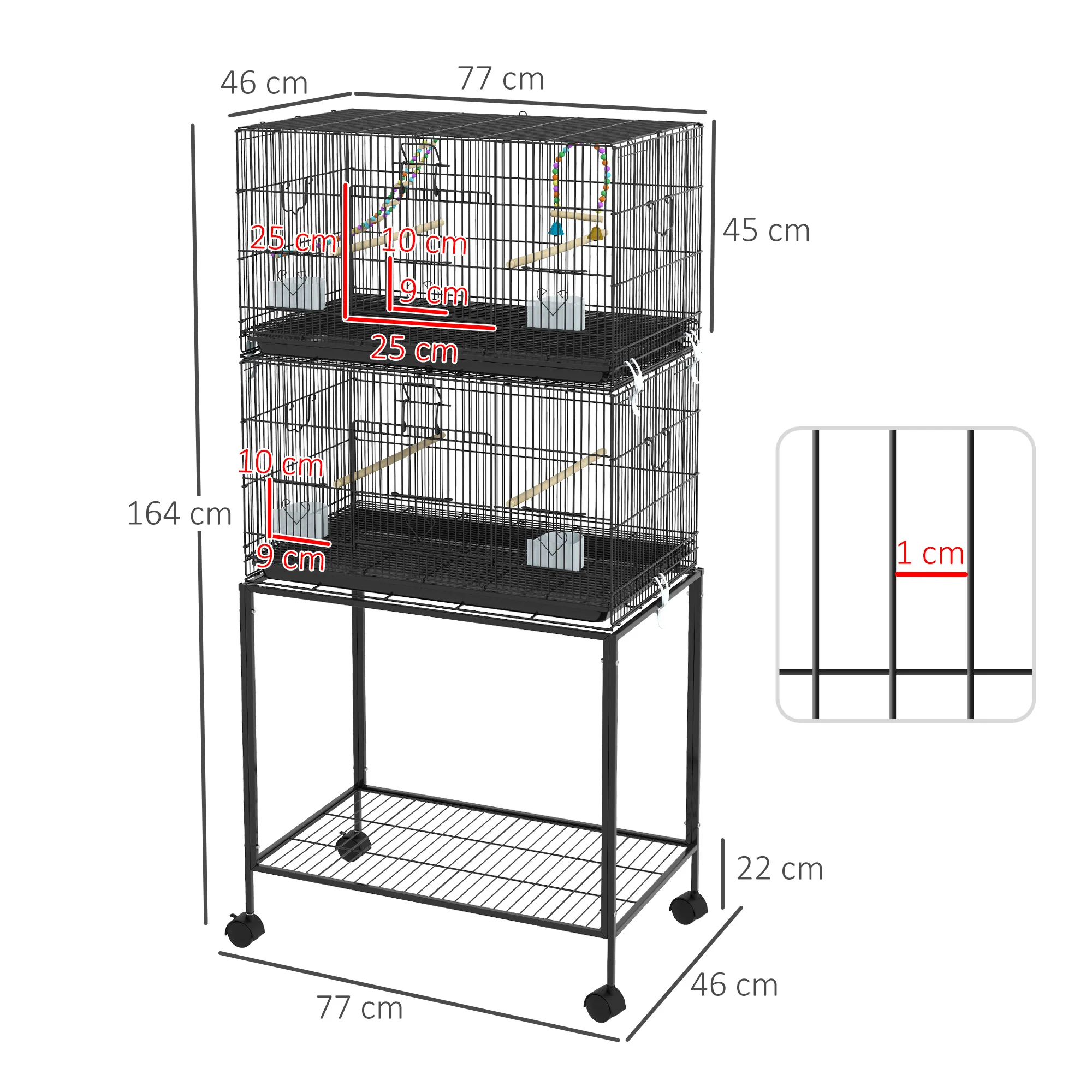 PawHut Two-Tier Bird Cage On Wheels W/ Stand, For Canaries - Image 5