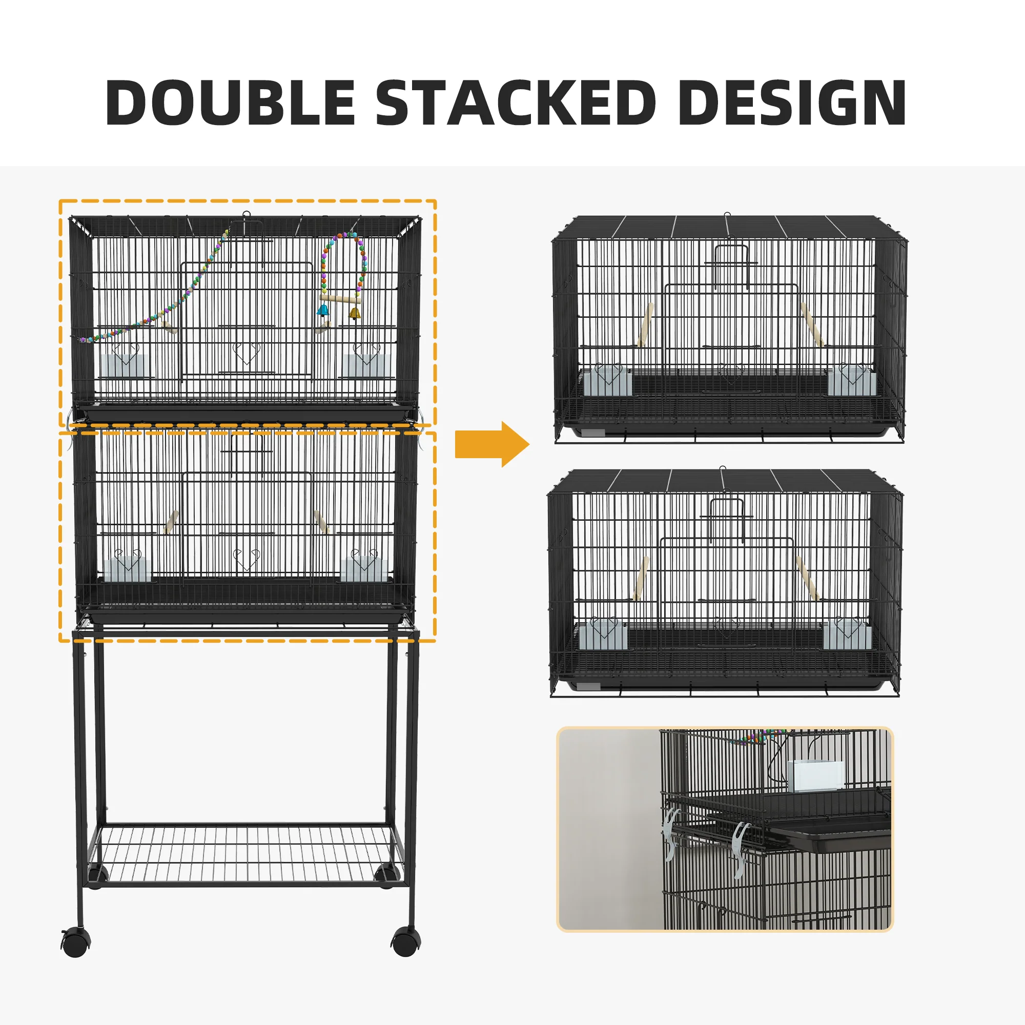 PawHut Two-Tier Bird Cage On Wheels W/ Stand, For Canaries - Image 7
