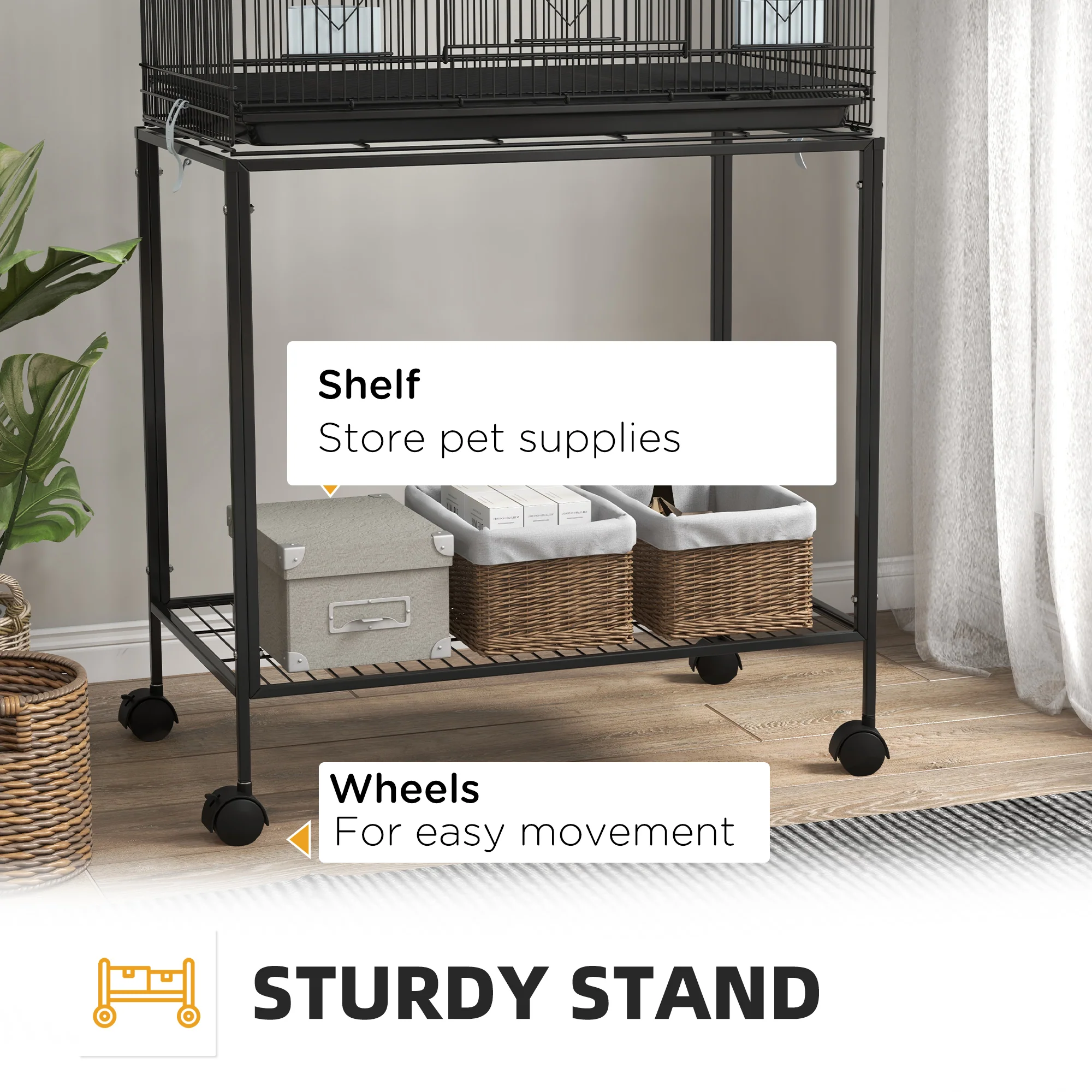 PawHut Two-Tier Bird Cage On Wheels W/ Stand, For Canaries - Image 8