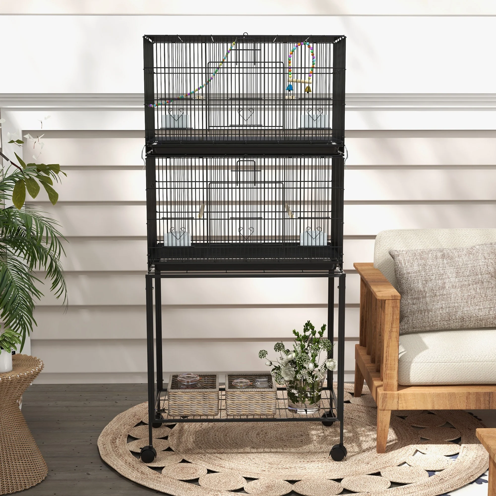 PawHut Two-Tier Bird Cage On Wheels W/ Stand, For Canaries - Image 9