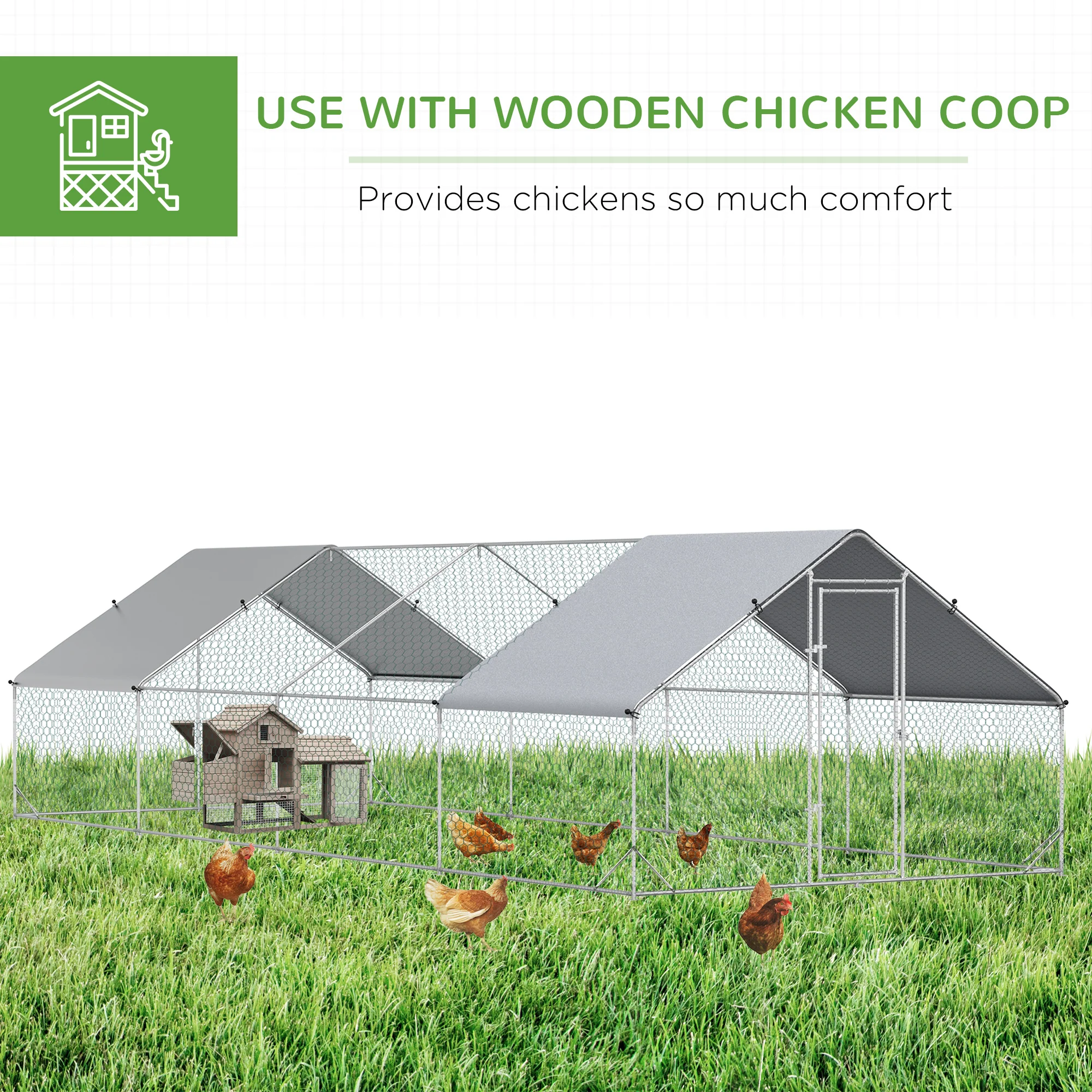 PawHut Walk In Chicken Run Large galvanised Chicken Coop w/ Cover 3 x 8 x 2m - Image 4