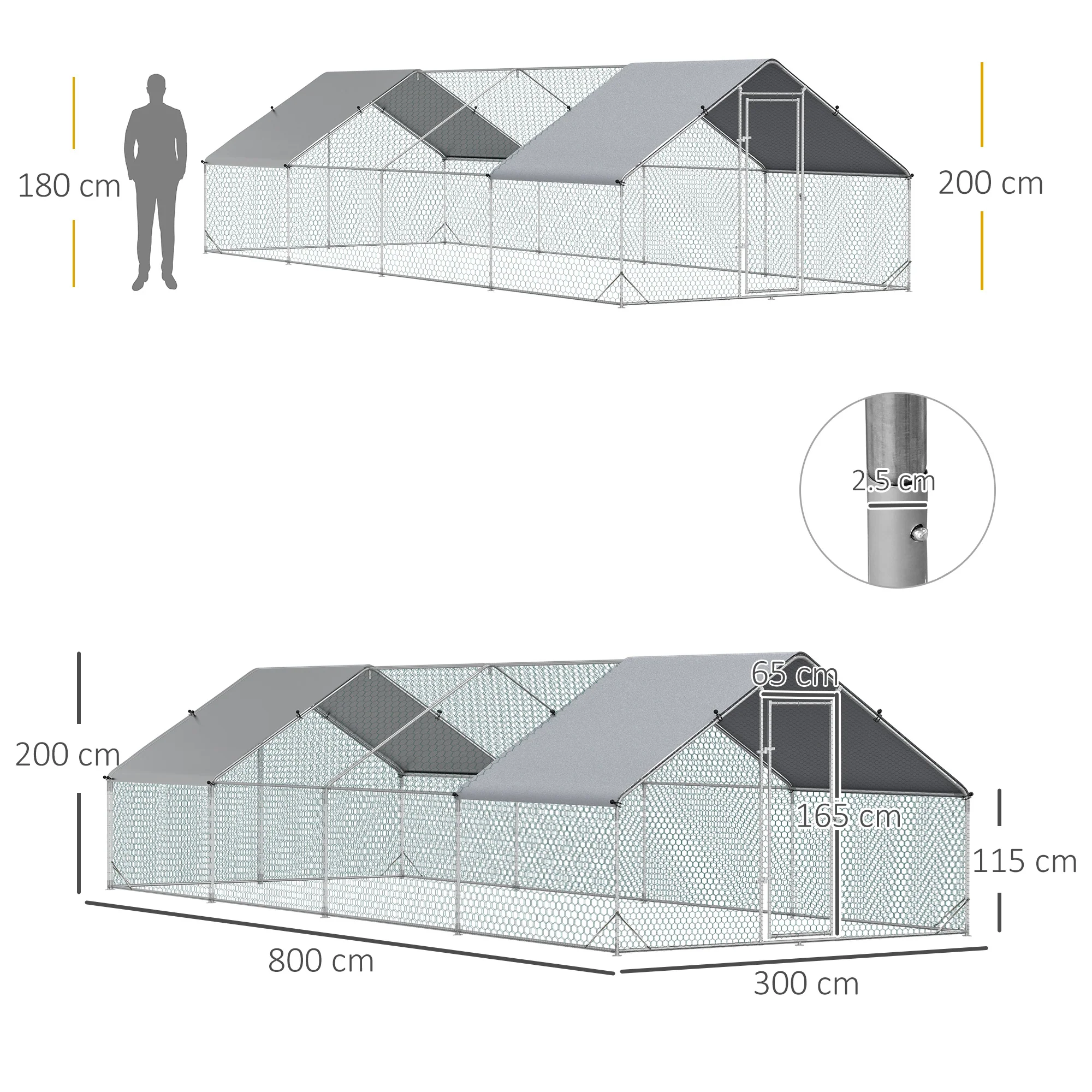PawHut Walk In Chicken Run Large galvanised Chicken Coop w/ Cover 3 x 8 x 2m - Image 5