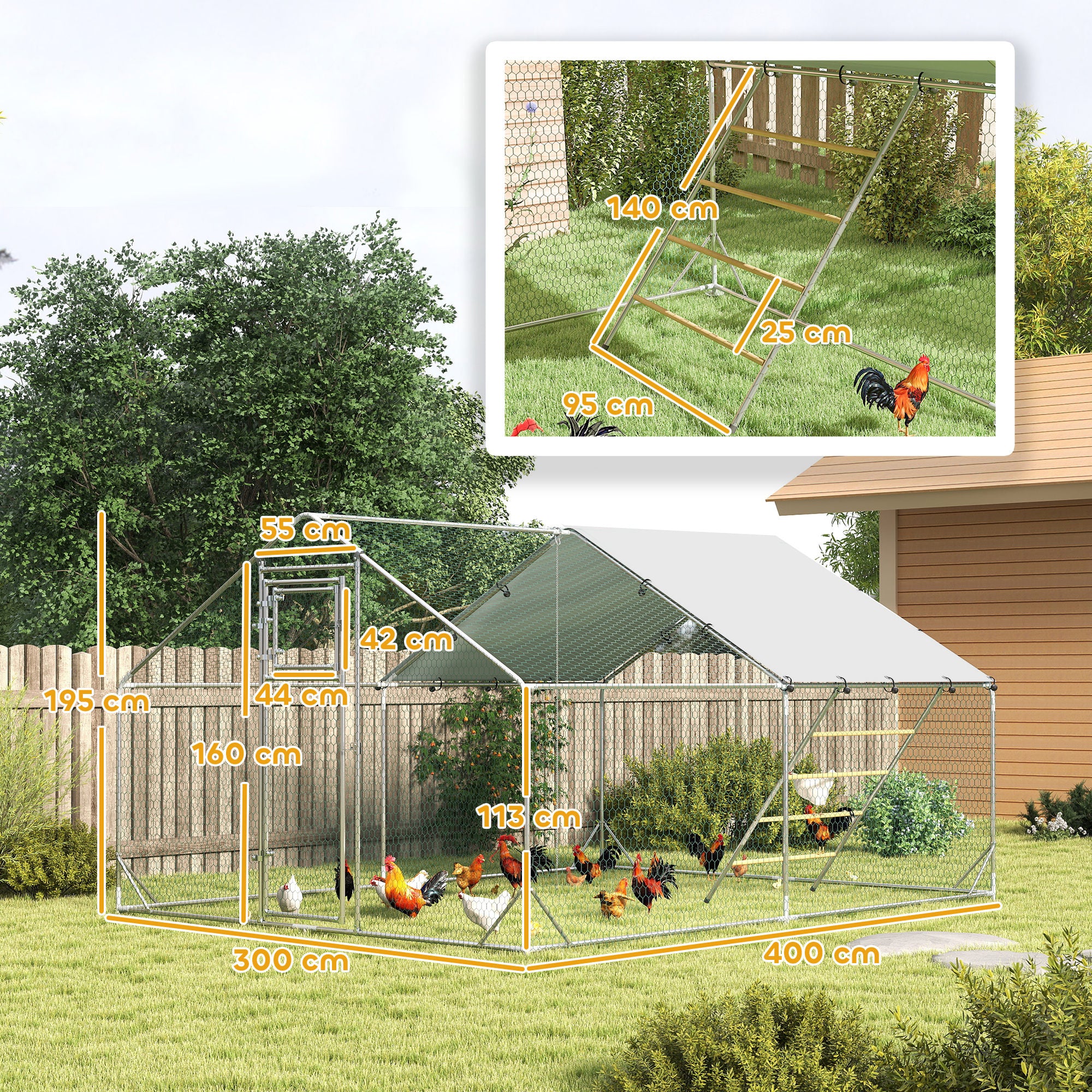 PawHut Walk In Chicken Run W/ Cover, Hanging Feeder, Perch For 12-18 Poultry - Image 5