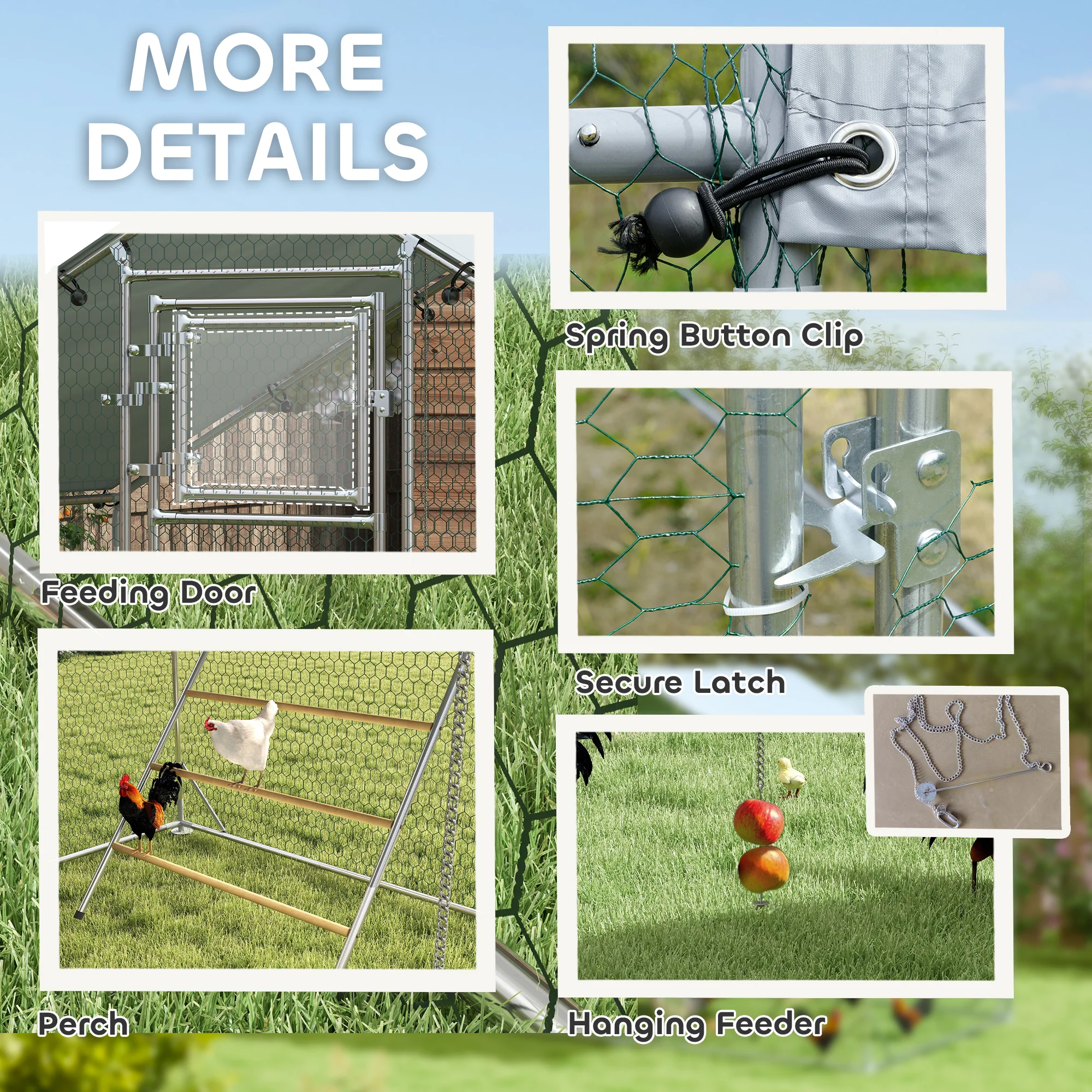 PawHut Walk In Chicken Run W/ Cover, Hanging Feeder, Perch, For 6-8 Poultry - Image 7