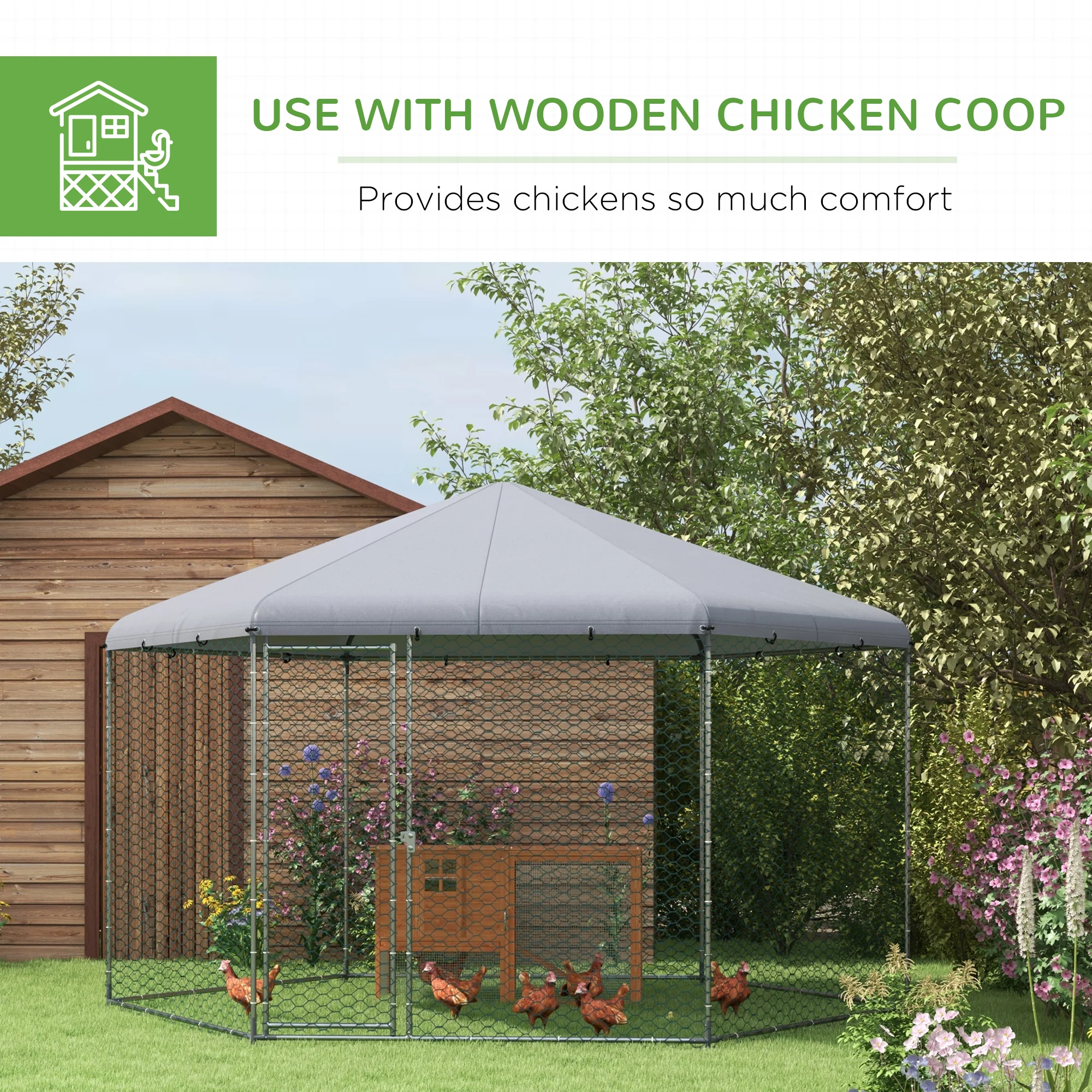 PawHut Walk in Chicken Run with Cover for 10-15 Chickens, Hens, Rabbits, Ducks - Image 4