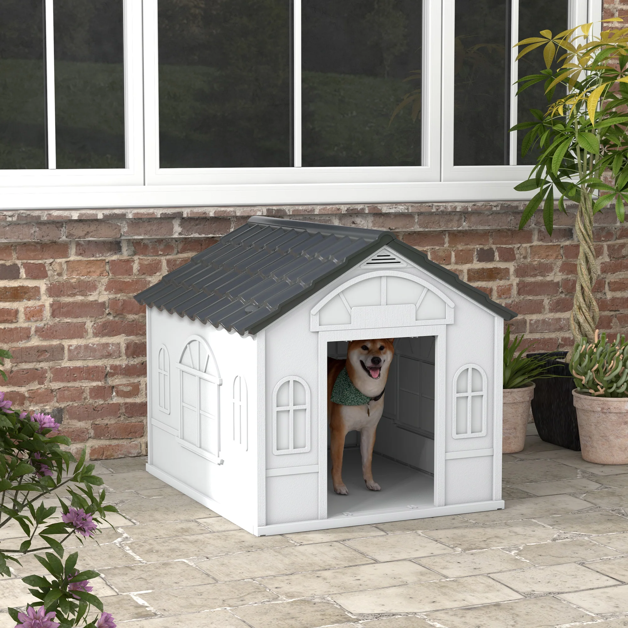 PawHut Weather-Resistant Dog House, Puppy Shelter for Large Dogs - Grey - Image 2