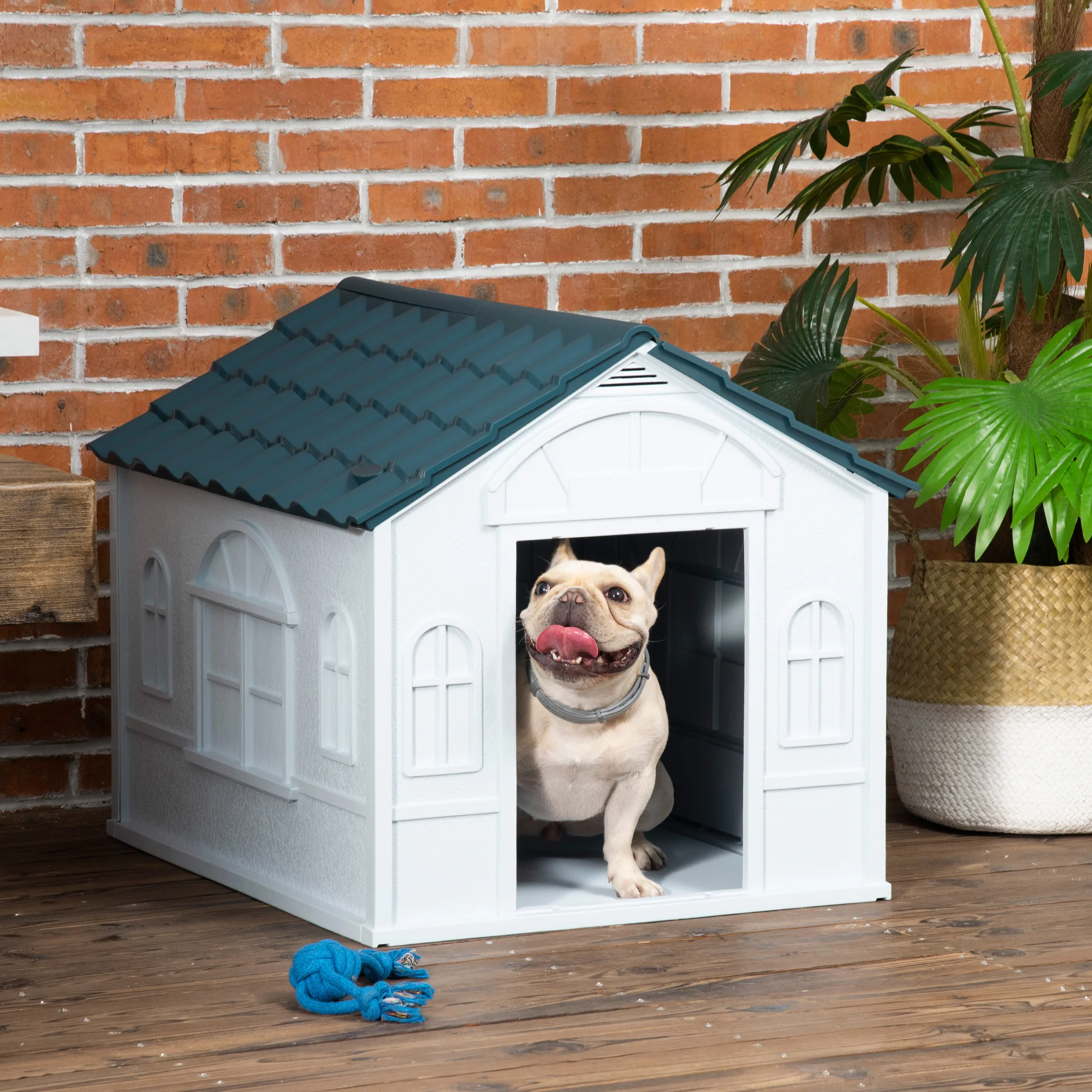 PawHut Weather-Resistant Dog House, Puppy Shelter for Medium Dogs - Blue - Image 2