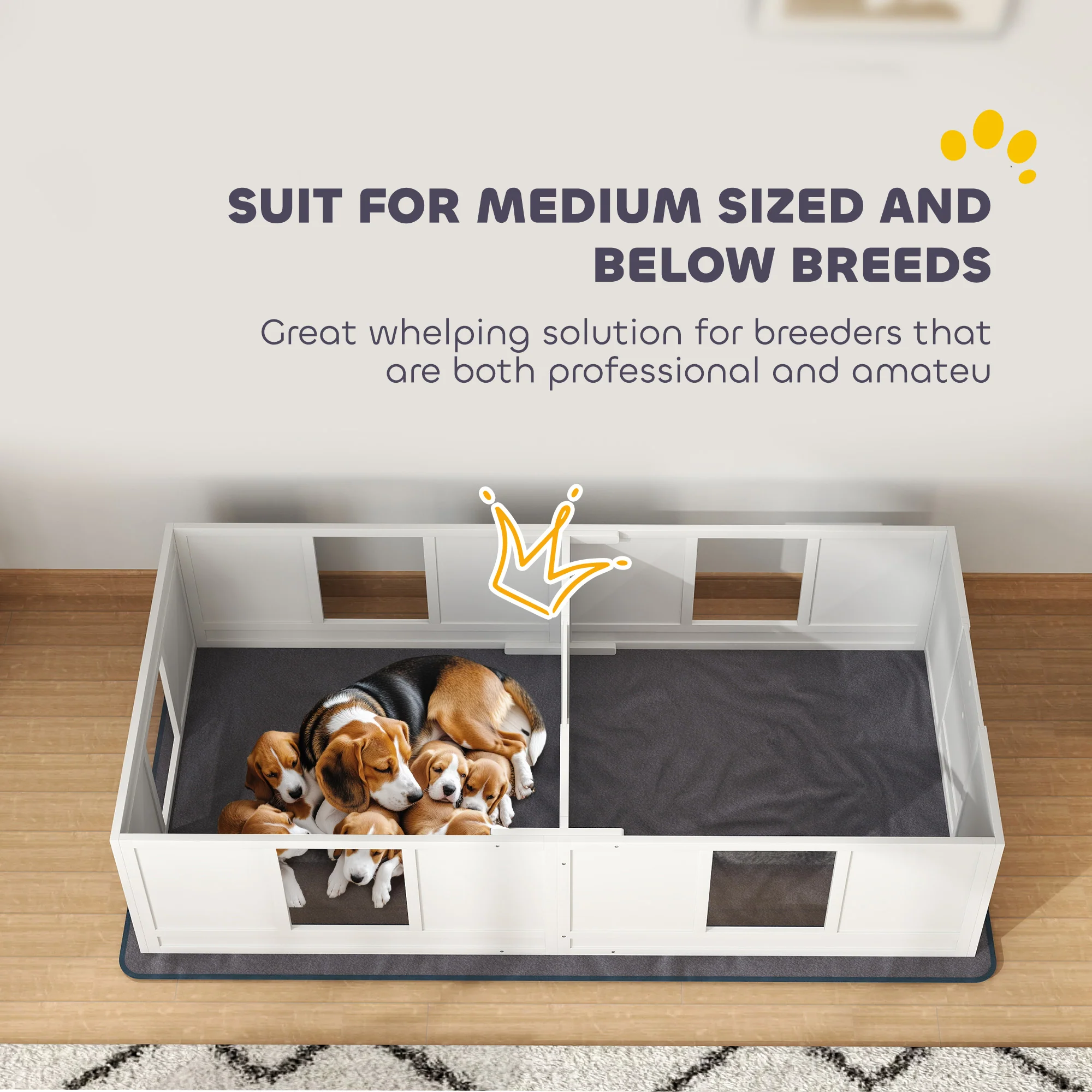 PawHut Whelping Box for Dogs with Whelping Pad, Two Room Design - White - Image 18