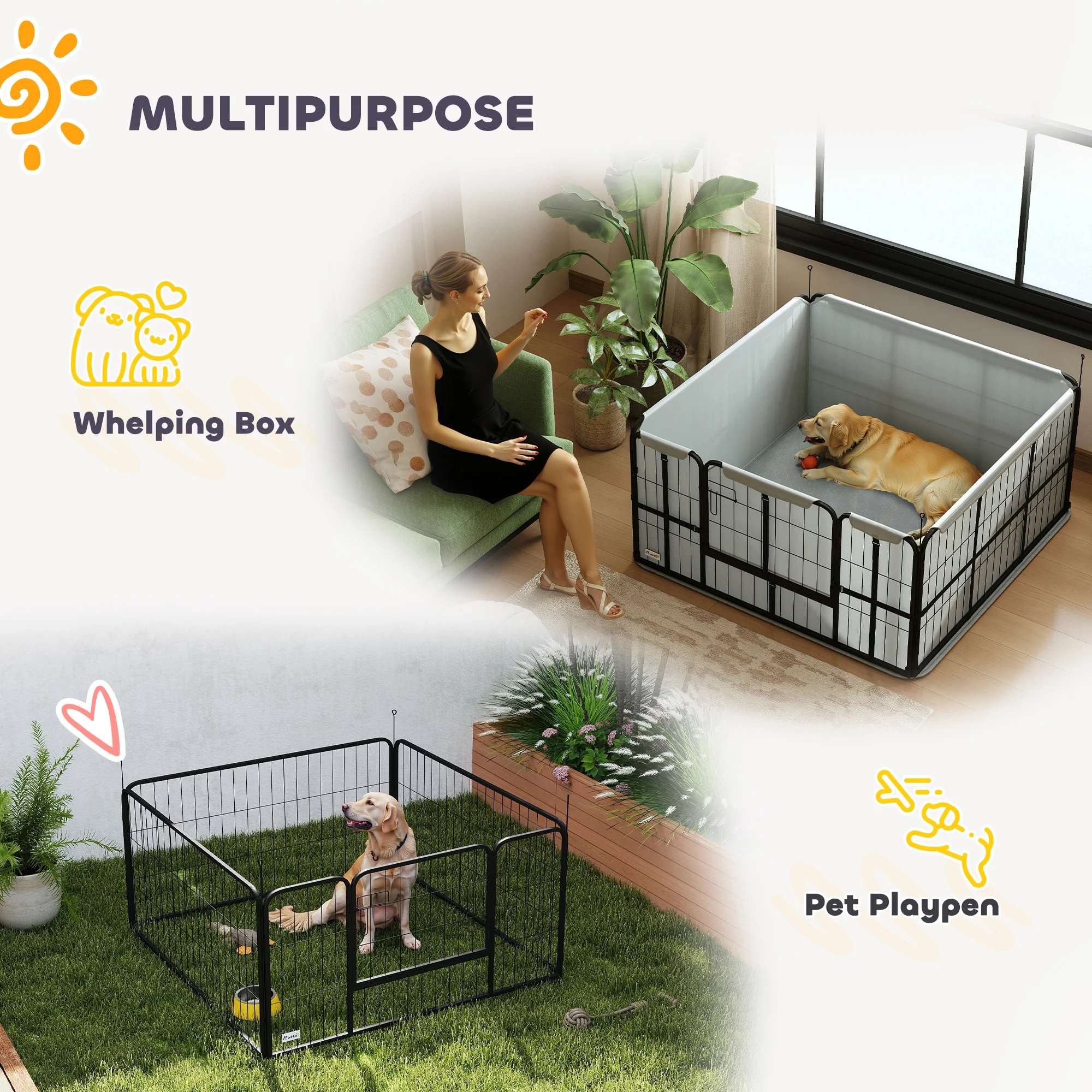 PawHut Whelping Box W/ Washable Whelping Pad, Wind-Resistant Cloth, Black - Image 3