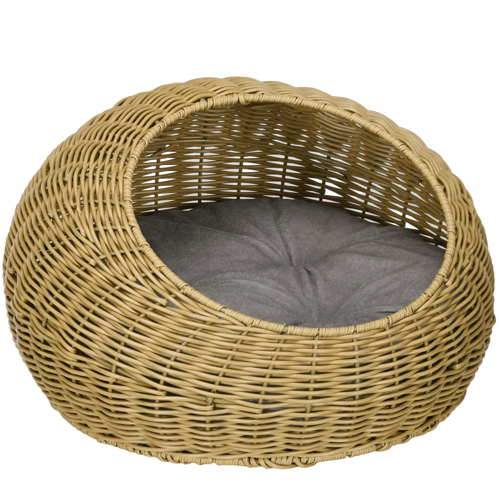 PawHut Wicker Cat House With Washable Cushion For Indoor Cats, Light Brown