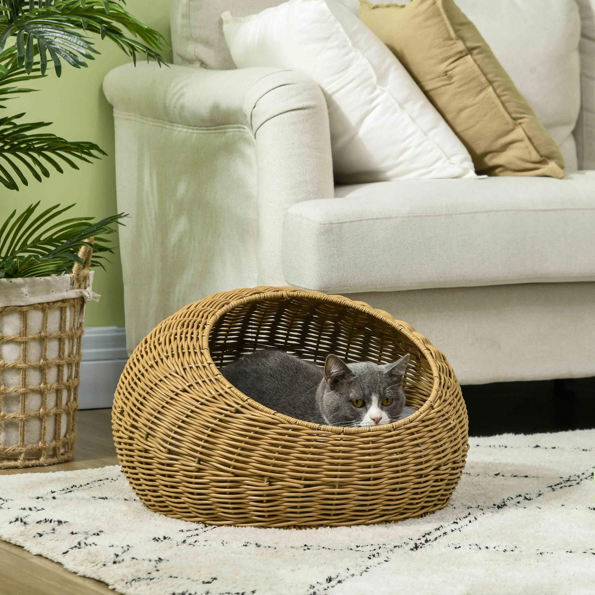 PawHut Wicker Cat House With Washable Cushion For Indoor Cats, Light Brown - Image 2